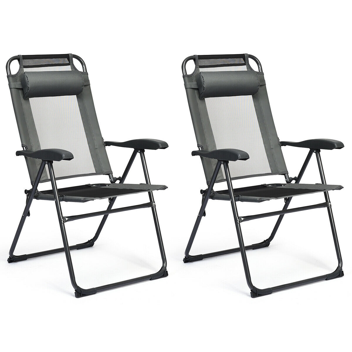 Forclover HBV-270GR-2 Patio chairs Set of 2 Black Metal Frame Stationary Beach Chair with Gray Mesh Seat