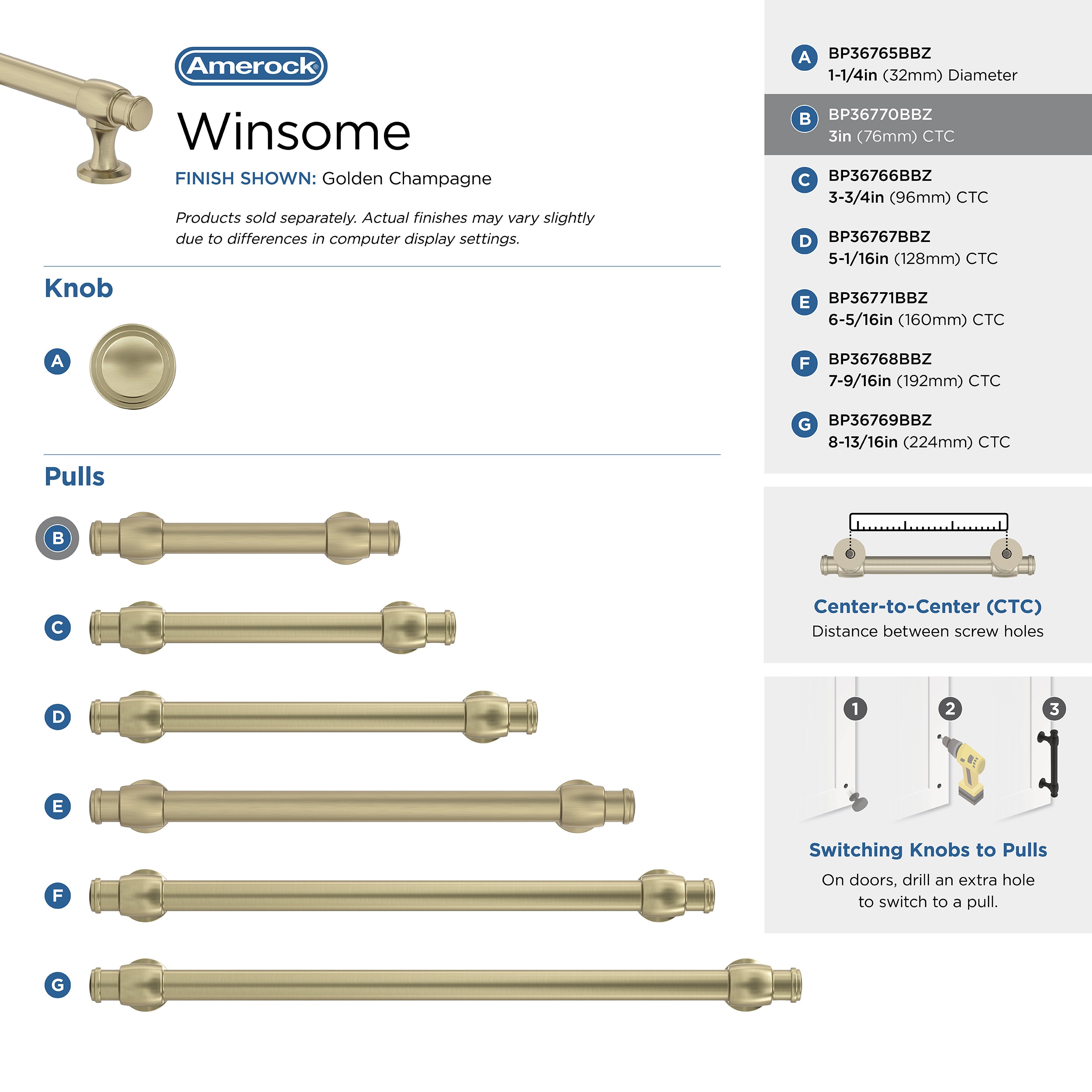 Golden Champagne Polished Cabinet Pull with Mounting Hardware