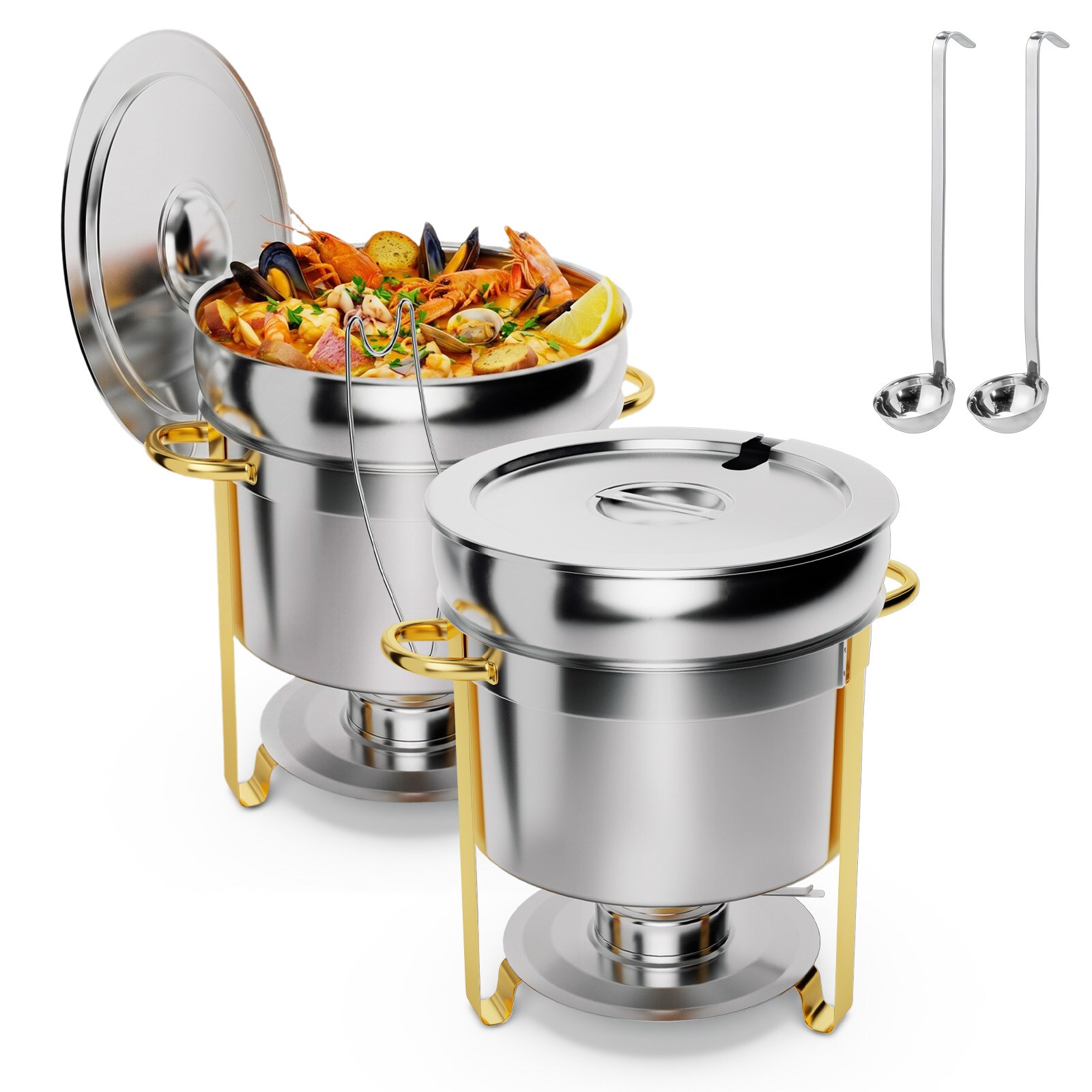 ROVSUN 2 Pack 11QT Soup Chafer Pre-Installed Stainless Steel Round Soup Warmer with Upgraded Lid Holder and Ladle Elegant Gold and Silver Color #LS-G47001482
