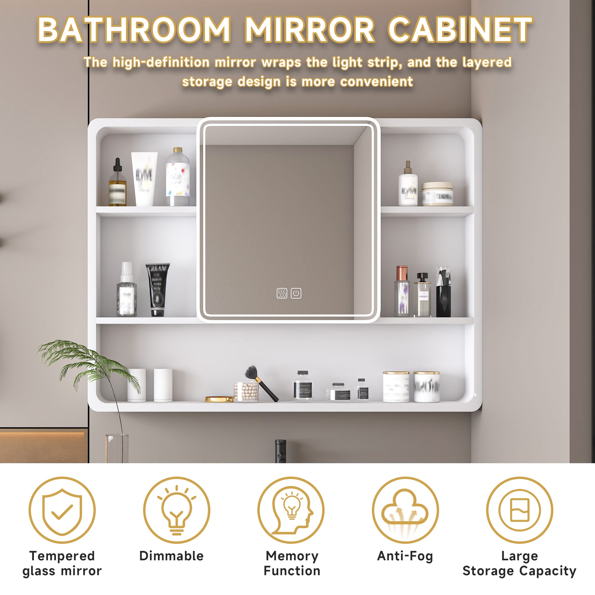 Forclover CM-N710P264317K 40-in x 28-in Surface Mount White Mirrored Square Soft Close Medicine Cabinet