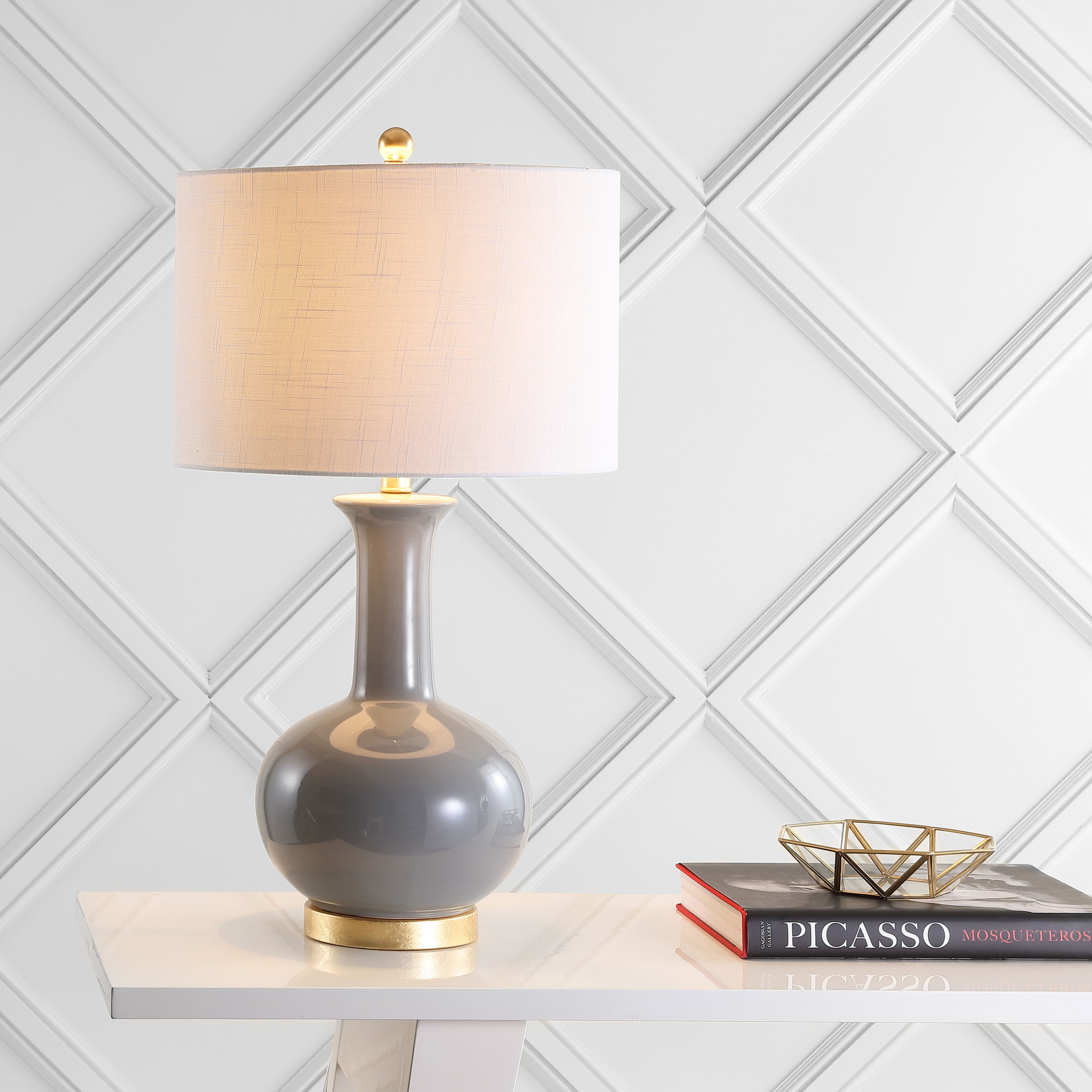 JONATHAN  Y JYL6208B Brussels Ceramic/Metal Contemporary/Transitional 27-in Gray LED Incandescent Rotary socket Table Lamp with Linen Shade