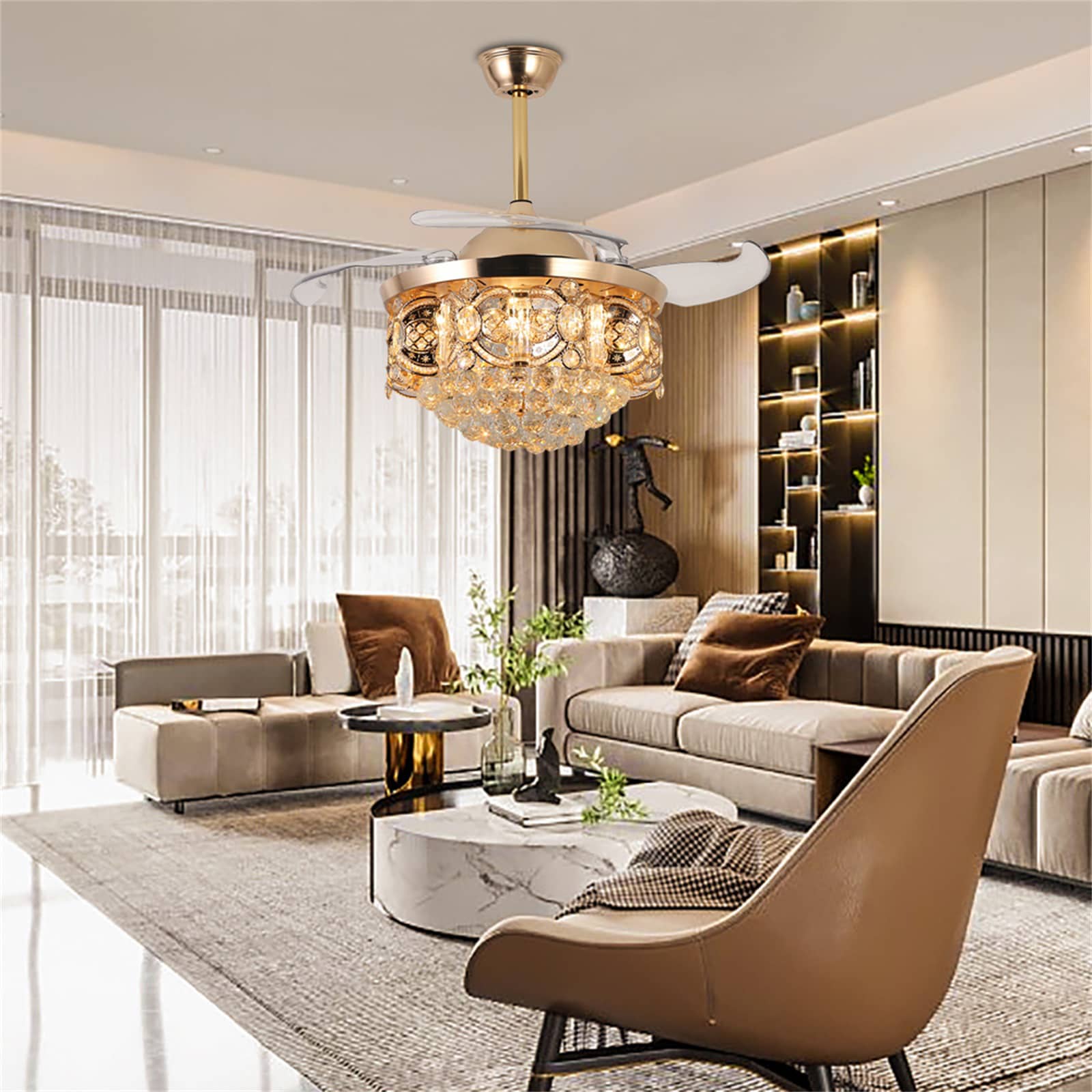 Gold Crystal 42'' Retractable Blade Ceiling Fan with Remote