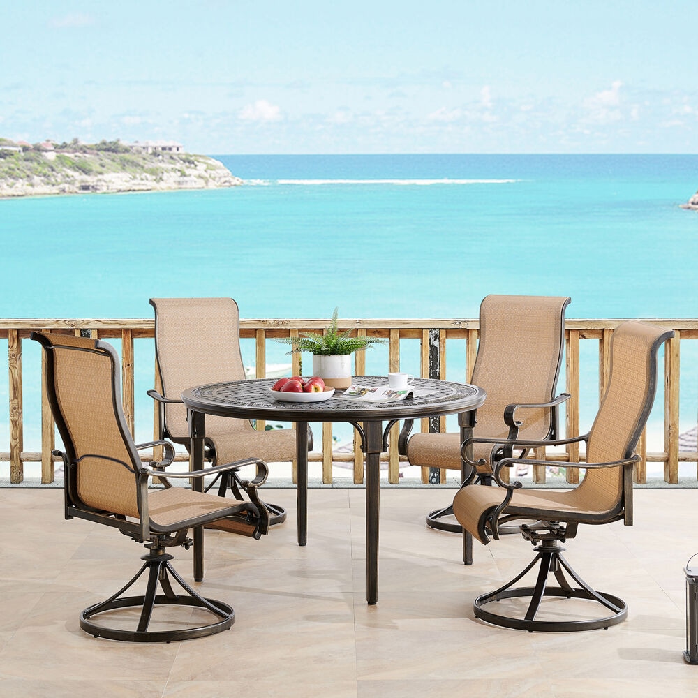 Hanover BRIGDN5PCSWRD Brigantine 5 -Piece Espresso Bean Woven Patio Dining Set Aluminum Round Table with 4 Tan Swivel Rocker Chairs