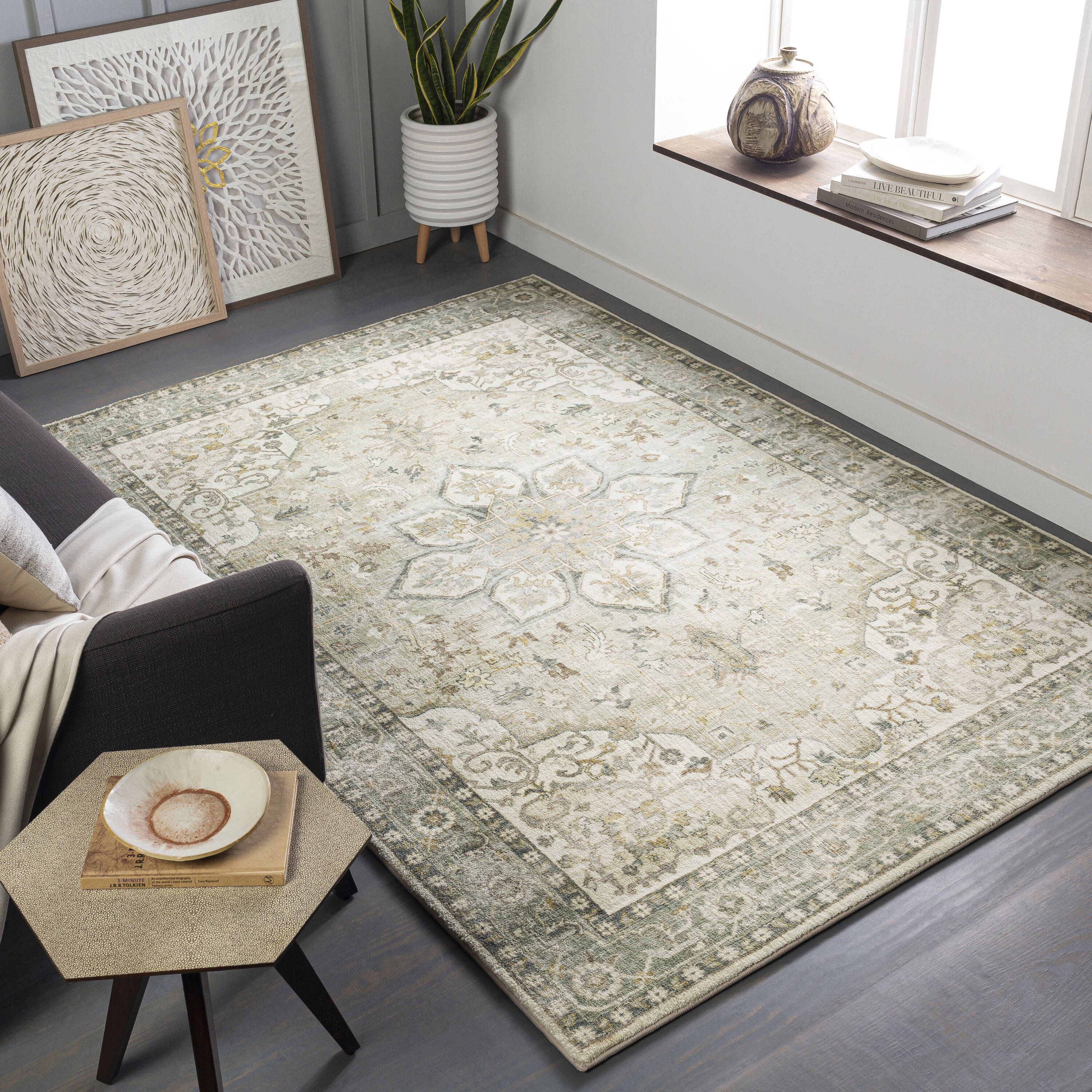 Livabliss 7 X 10 (ft) Cream, Sage Indoor Border Area Rug in the Rugs ...