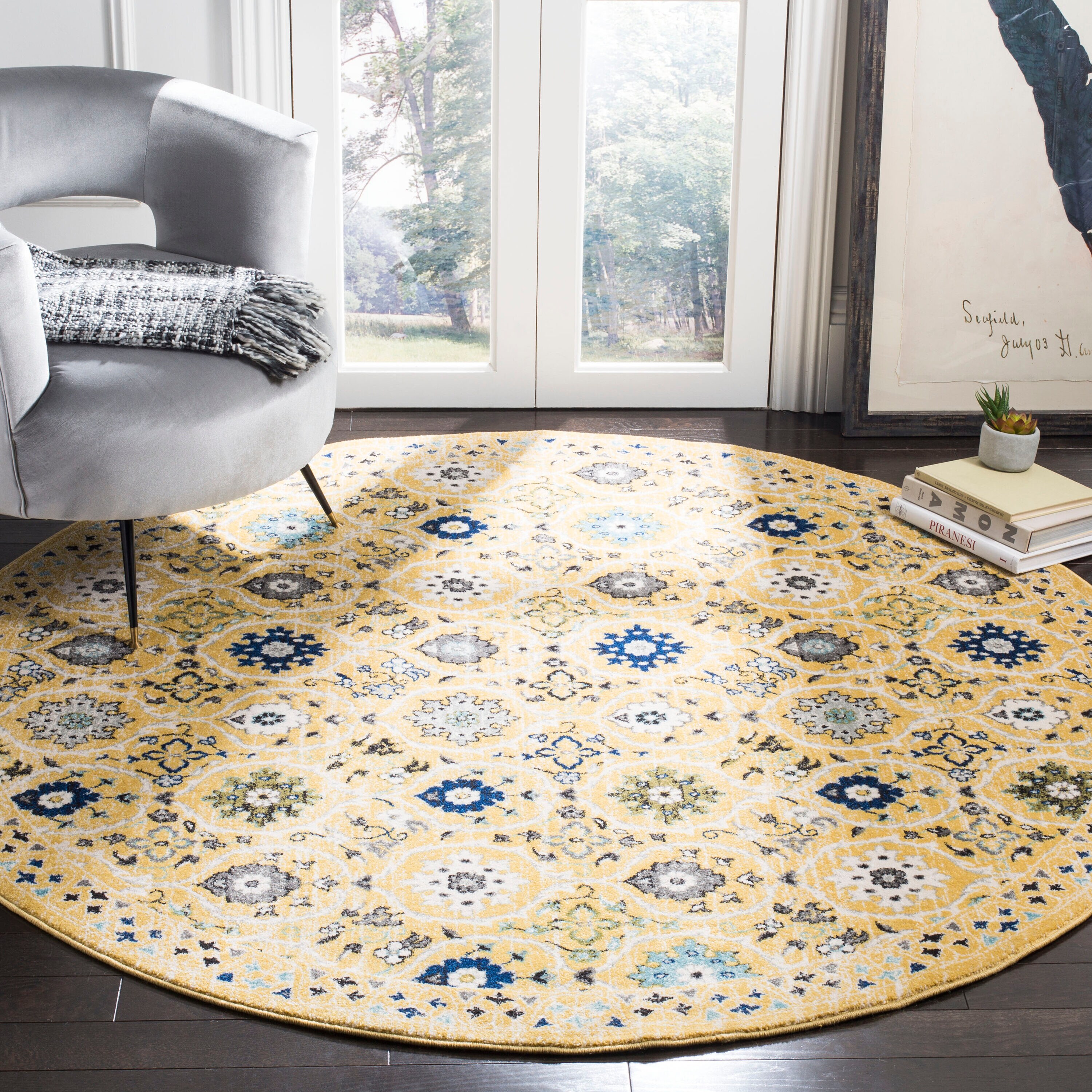 Safavieh EVK210B-7R Evoke Baxter 7 x 7 (ft) Loomed Synthetic Gold/Ivory Round Indoor Floral/Botanical Bohemian/Eclectic Area rug