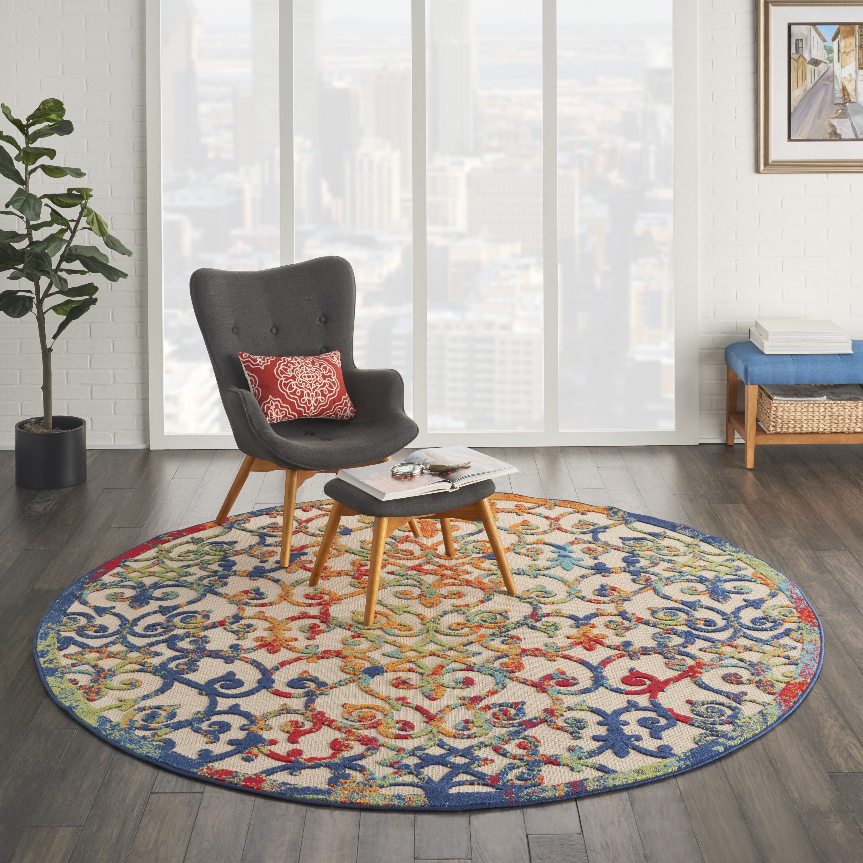 Nourison 99446499431 Aloha 8 x 8 (ft) Loomed Polypropylene Multicolor Round Indoor/Outdoor Geometric Coastal Area rug
