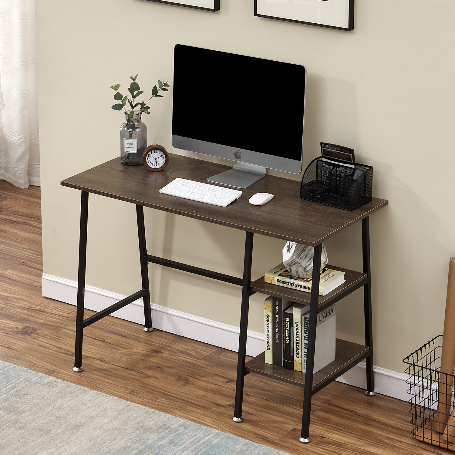 Vecelo LOE-DC-CD01-BRN 43 Inch Computer Desk with Storage Shelves Home Office Writing Desk Study Table for Small Space