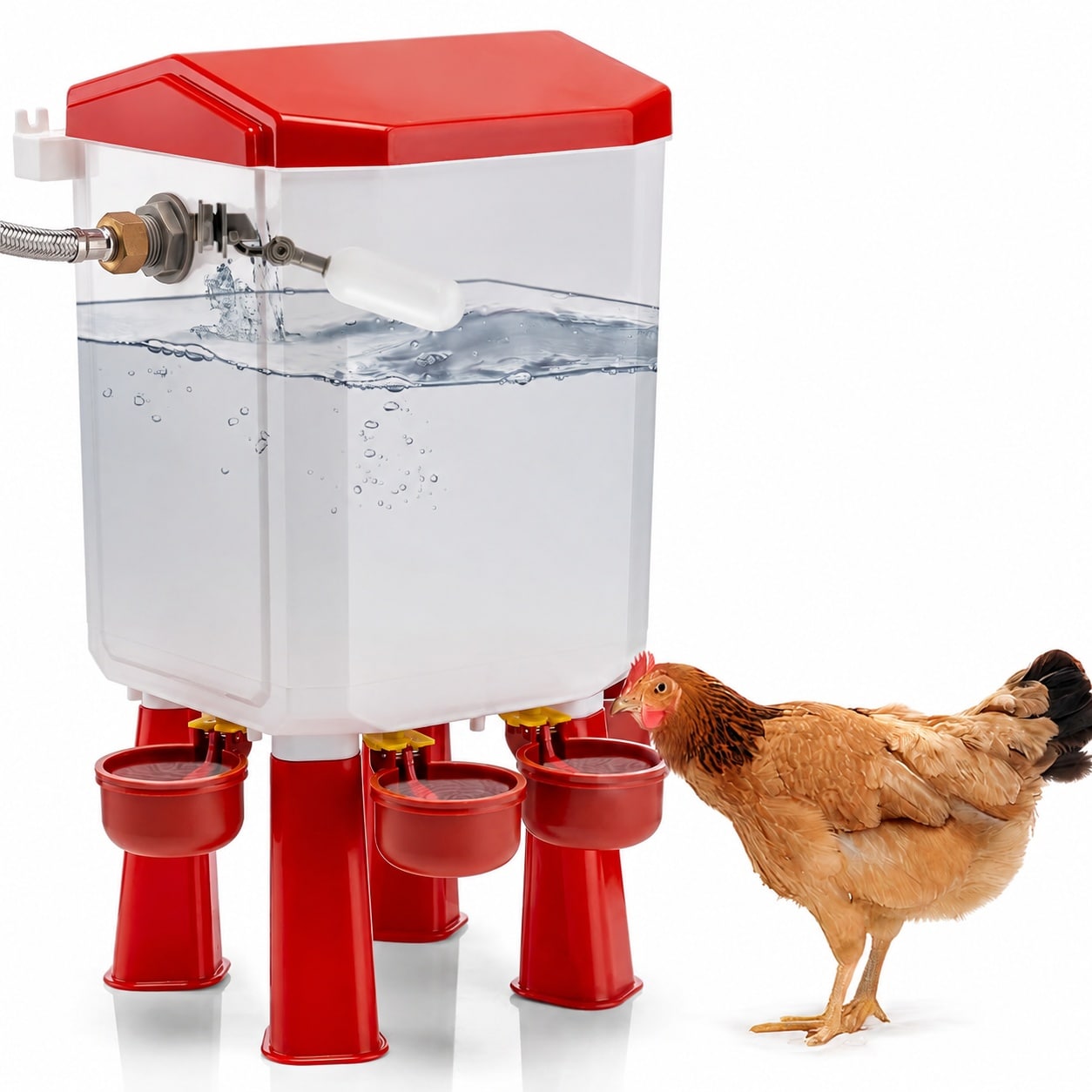 Etokfoks  Automatic Chicken Waterer Float Controlled Large Cup Watering System With Stainless Steel Metal Hose For Poultry Coop Use