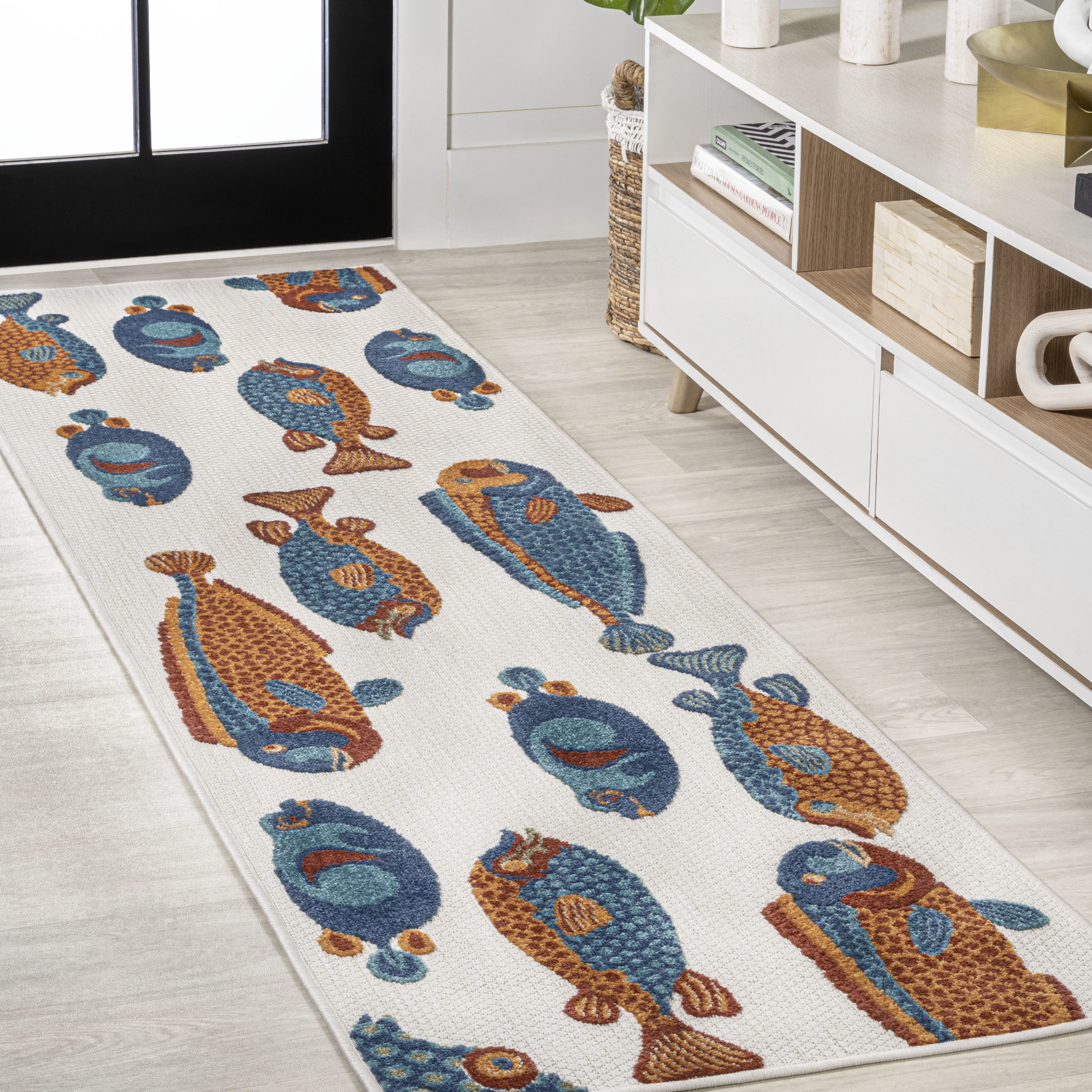 JONATHAN  Y AMC114A-28 Amalfi Coast Algarve Modern Fish High-Low 2 x 8 (ft) Loomed Polypropylene Navy/Orange/Cream Rectangular Indoor/Outdoor Animal print Coastal Runner rug