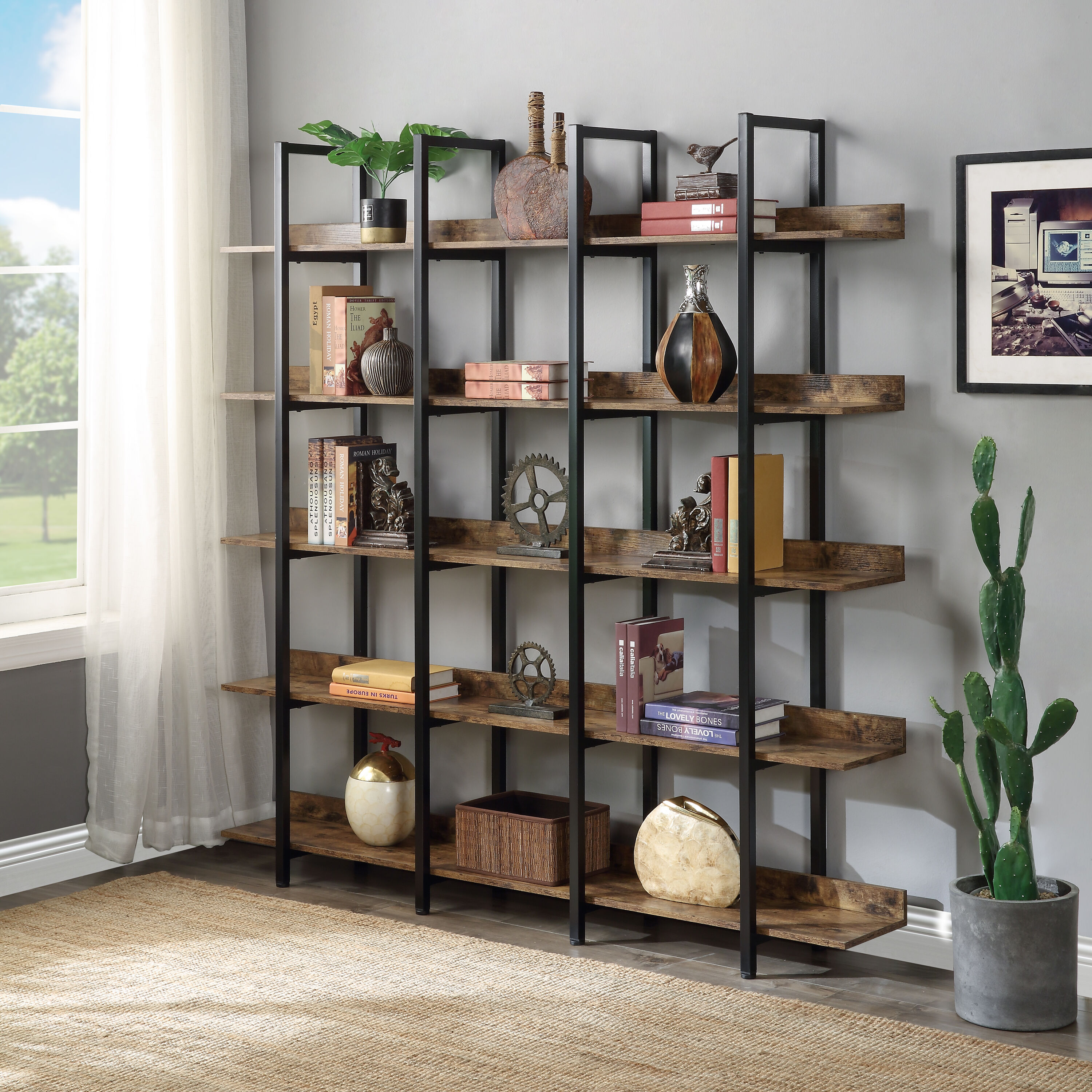 Nestfair BS0076T Brown Metal 5 -Shelf Bookcase ( 70.9-in W x 70.9-in H x 11.9-in D ) Finished