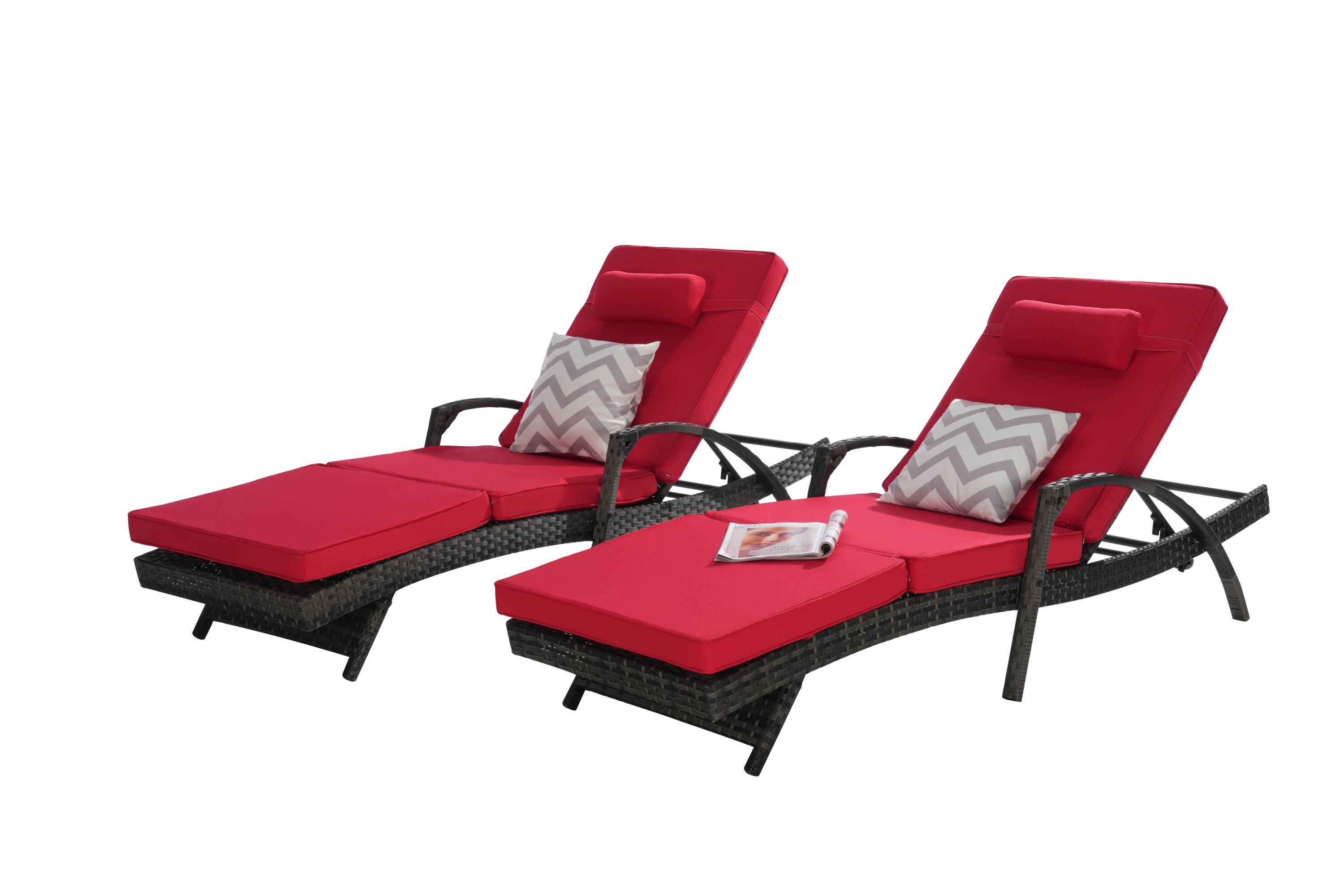 CESICIA ZM-SY-58 Patio Chairs Set of 2 Brown Metal Frame Stationary Chaise Lounge Chair with Red Cushioned Seat
