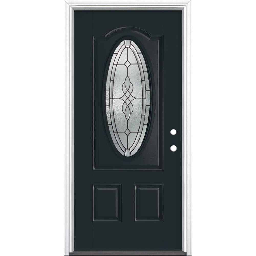 Masonite 896082 Hampton 36-in x 80-in Fiberglass Oval Lite Left-Hand Inswing Eclipse Painted Single Front Door with Brickmould Insulating Core