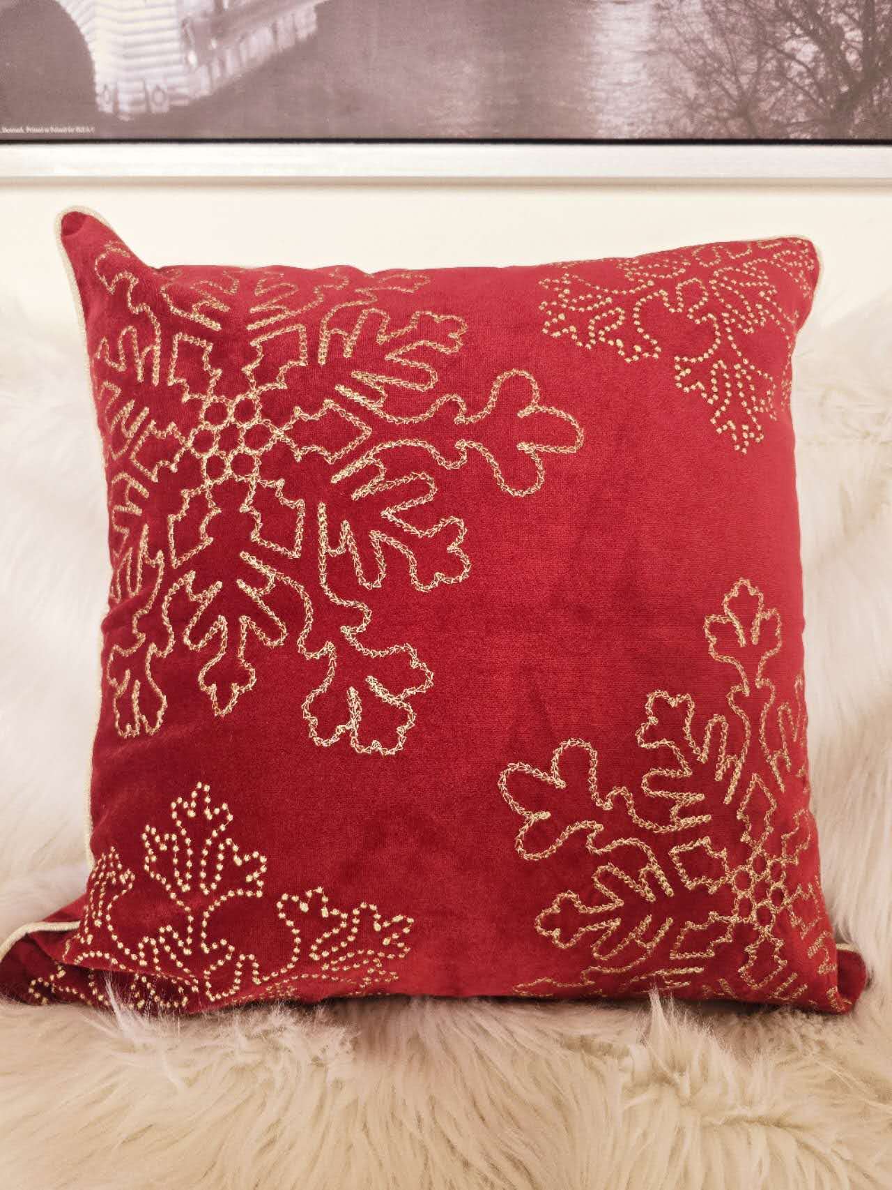 LOVMOR Red Velvet Holiday Throw Pillow 20x20 Gold Snowflake Embroidery Insert