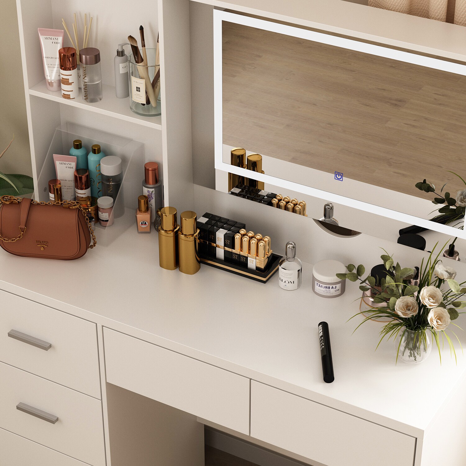 FUFU&GAGA 5-Drawers White Wood LED Push-Pull Mirror Makeup Vanity