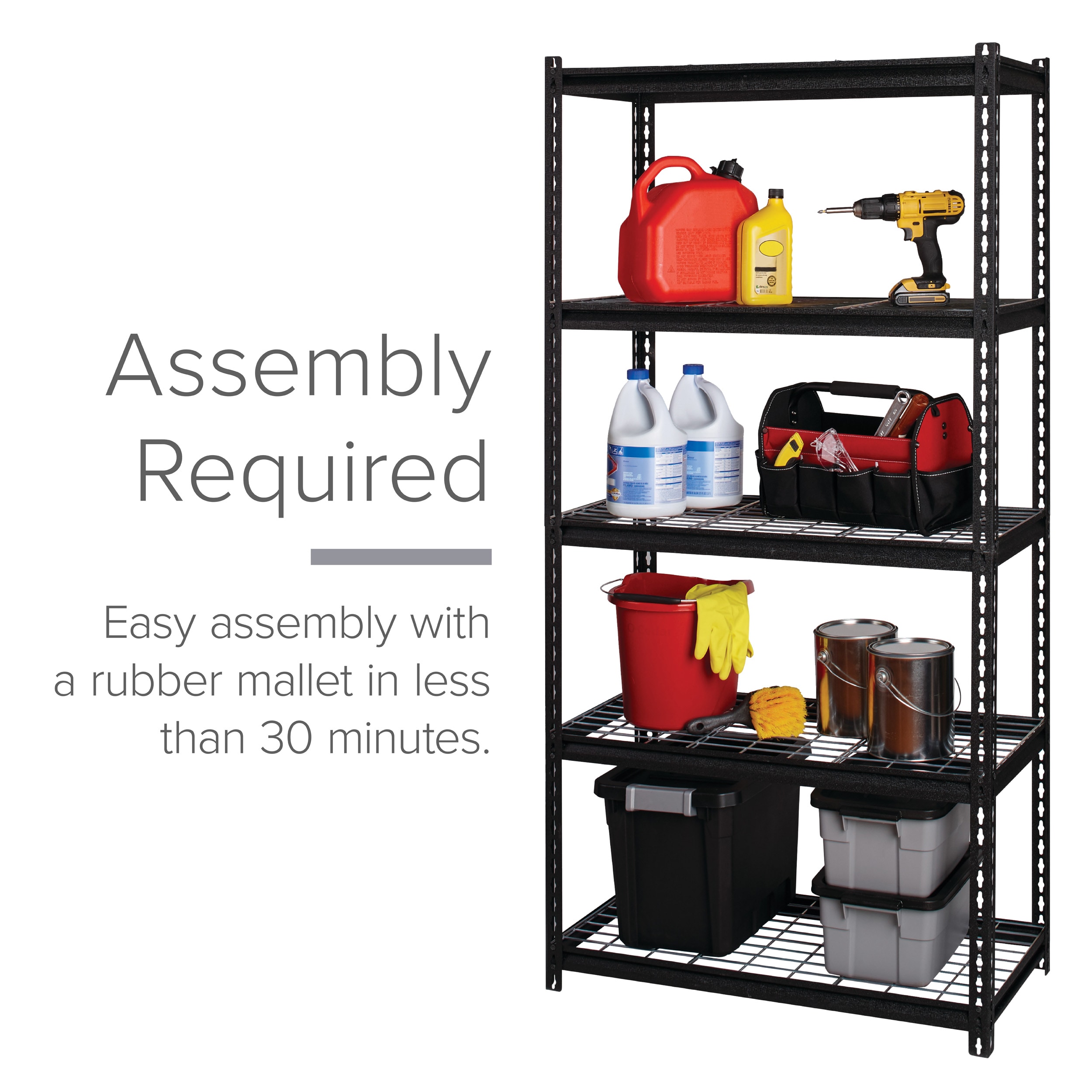 Riveted Steel 5-Shelf Adjustable Wire Deck Shelving, 72"H x 36"W x 18"D, Black