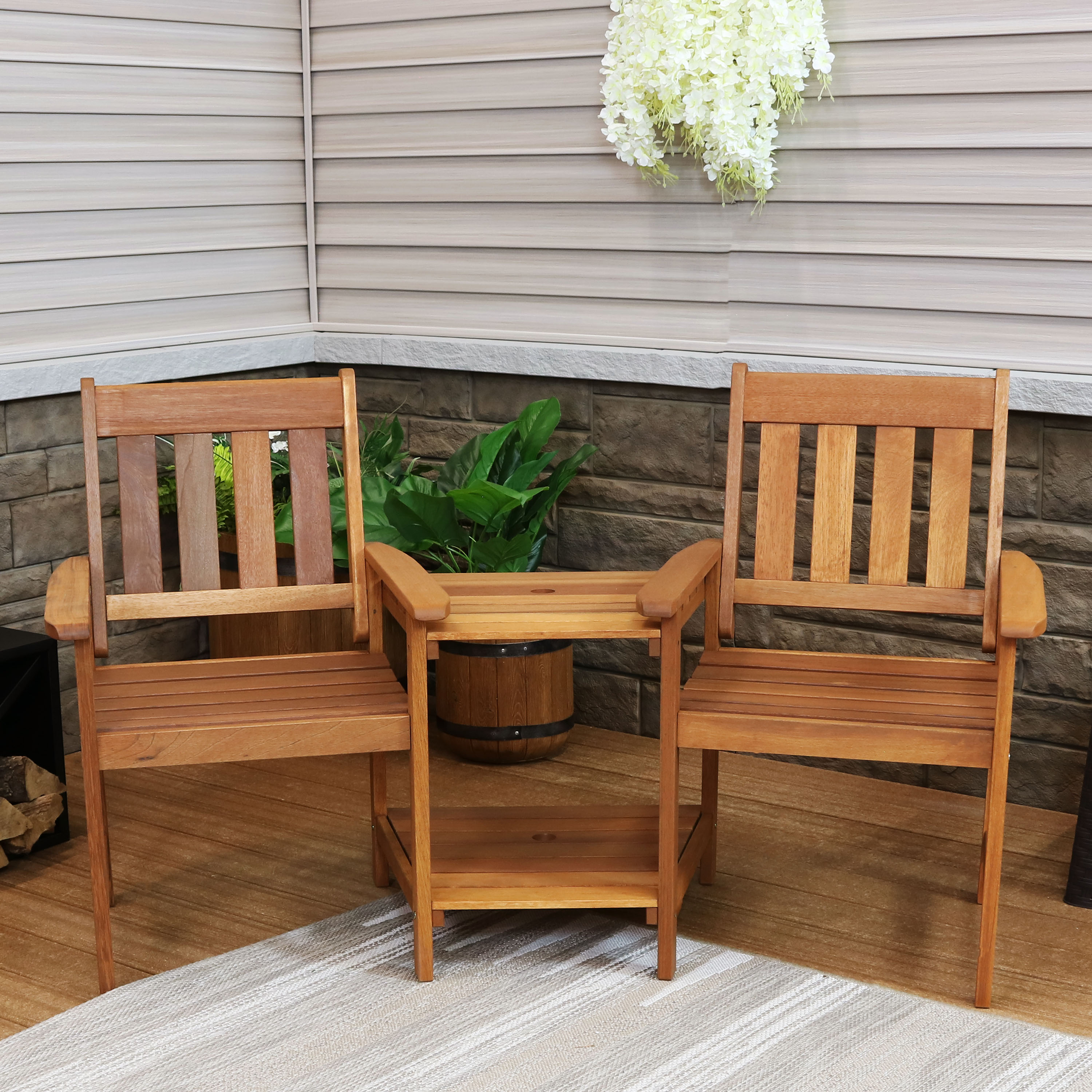 Sunnydaze Decor FRN-879 Brown Wood Frame Stationary Conversation Chair with Slat Seat