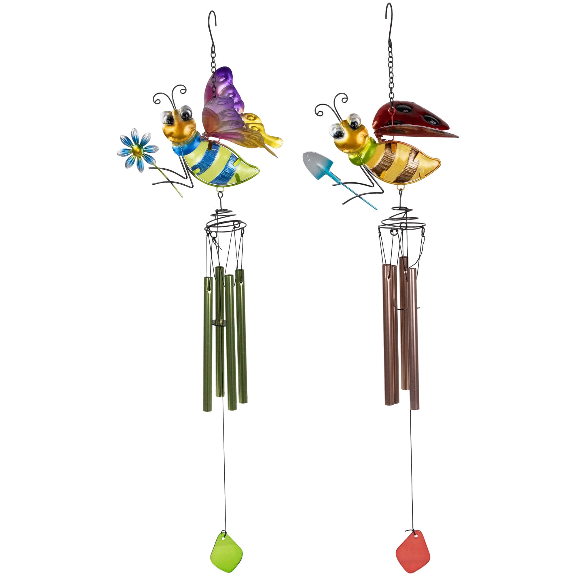 Northlight - Pink and Green Bees Outdoor Garden Windchimes - 30 inch - Set of 2