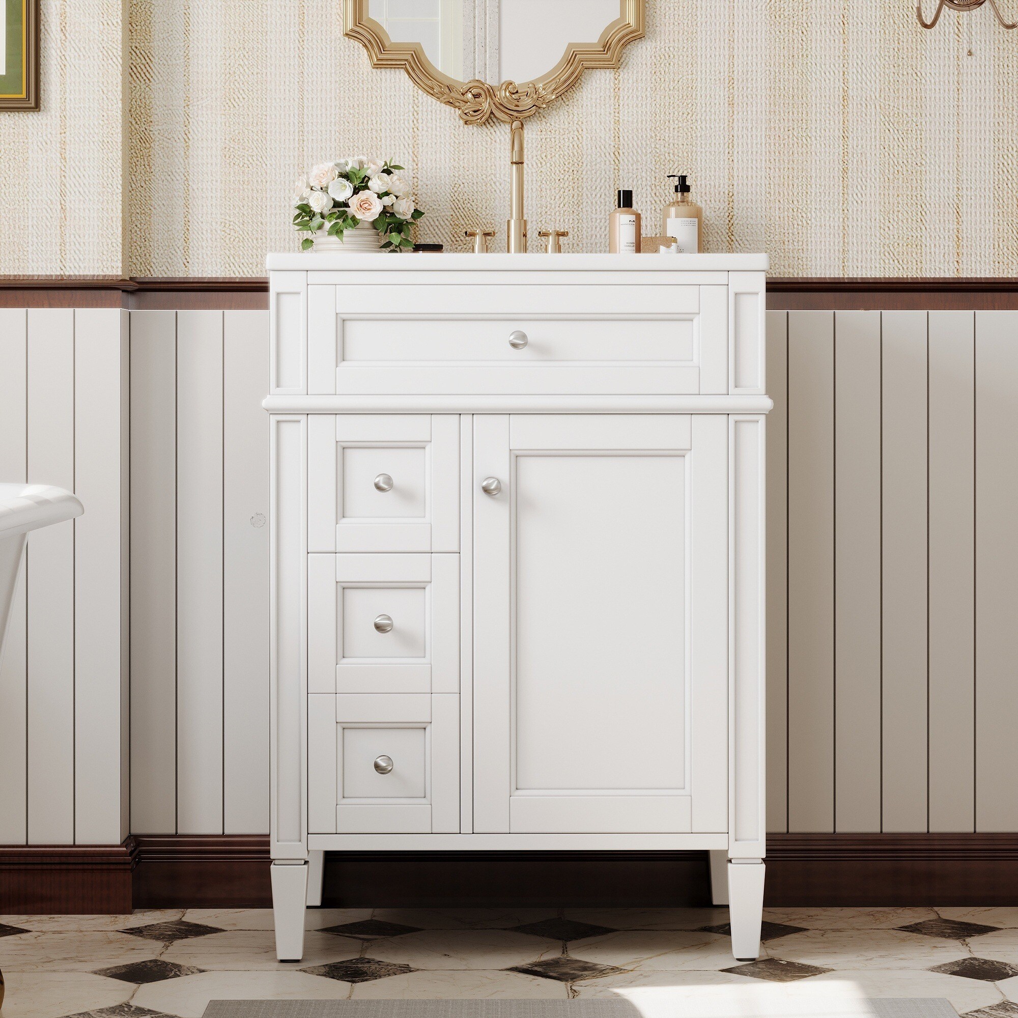 IAK - 24 inch White Modern Bathroom Vanity with Ceramic Sink and Soft Close Drawers