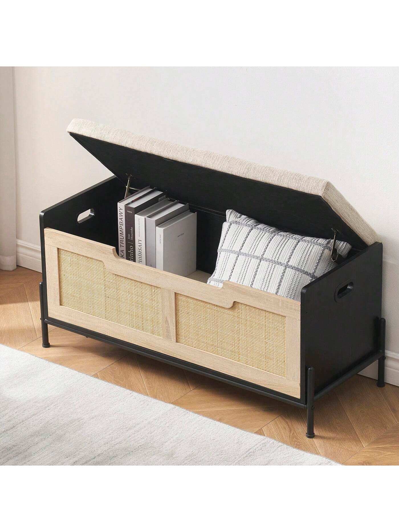 Qeetex PHO-0YOGUX59-HF4 Storage Bench Rattan Storage Chest. Storage Trunk With 2 Safety Hinges. Storage Trunk. Shoe Bench Storage Chest For Entryway. Living Room. Bedroom. Oak and Black