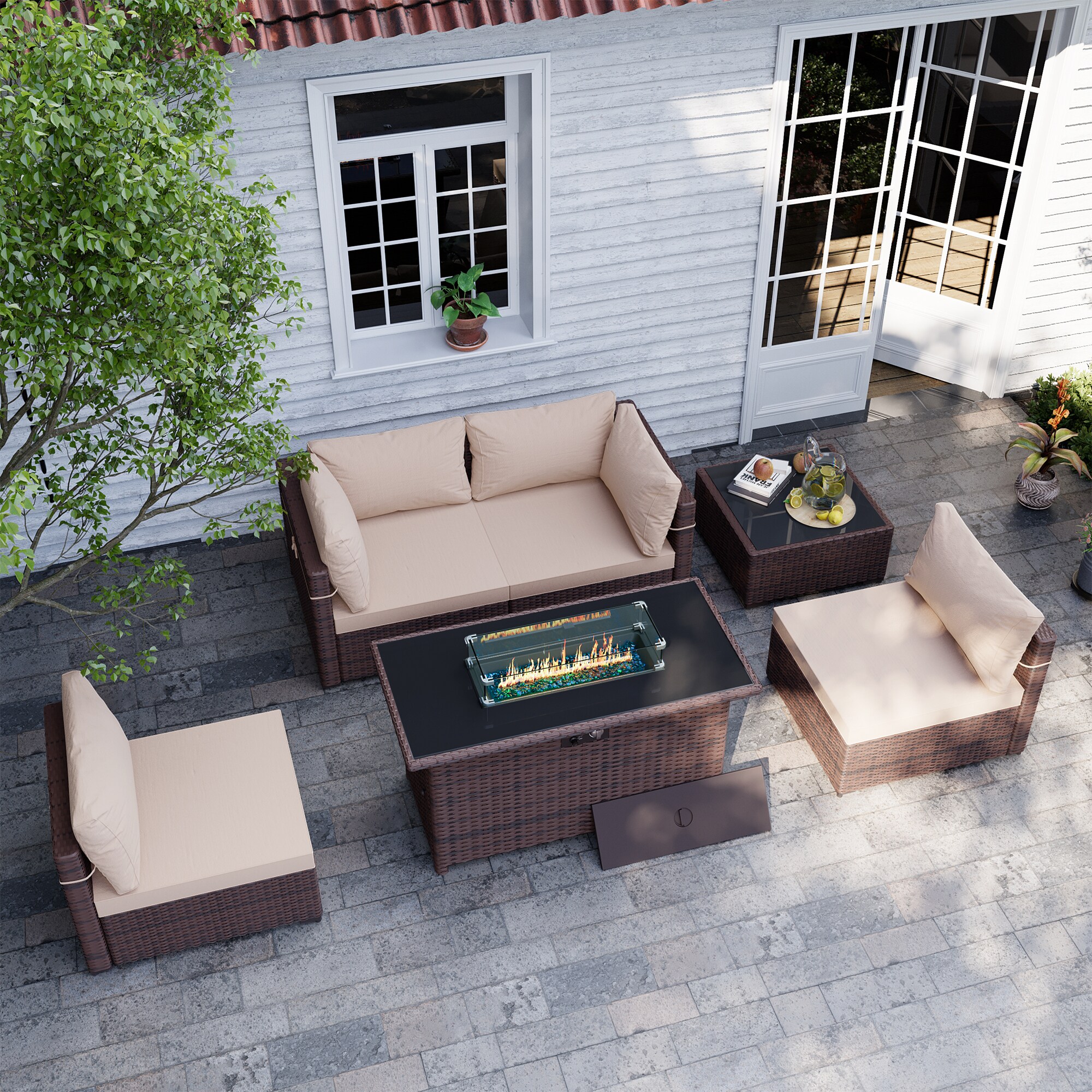 UPHA TBSF-AB43BR-BEIGE 6 -Piece Wicker Patio Conversation Set with Off-white Cushions