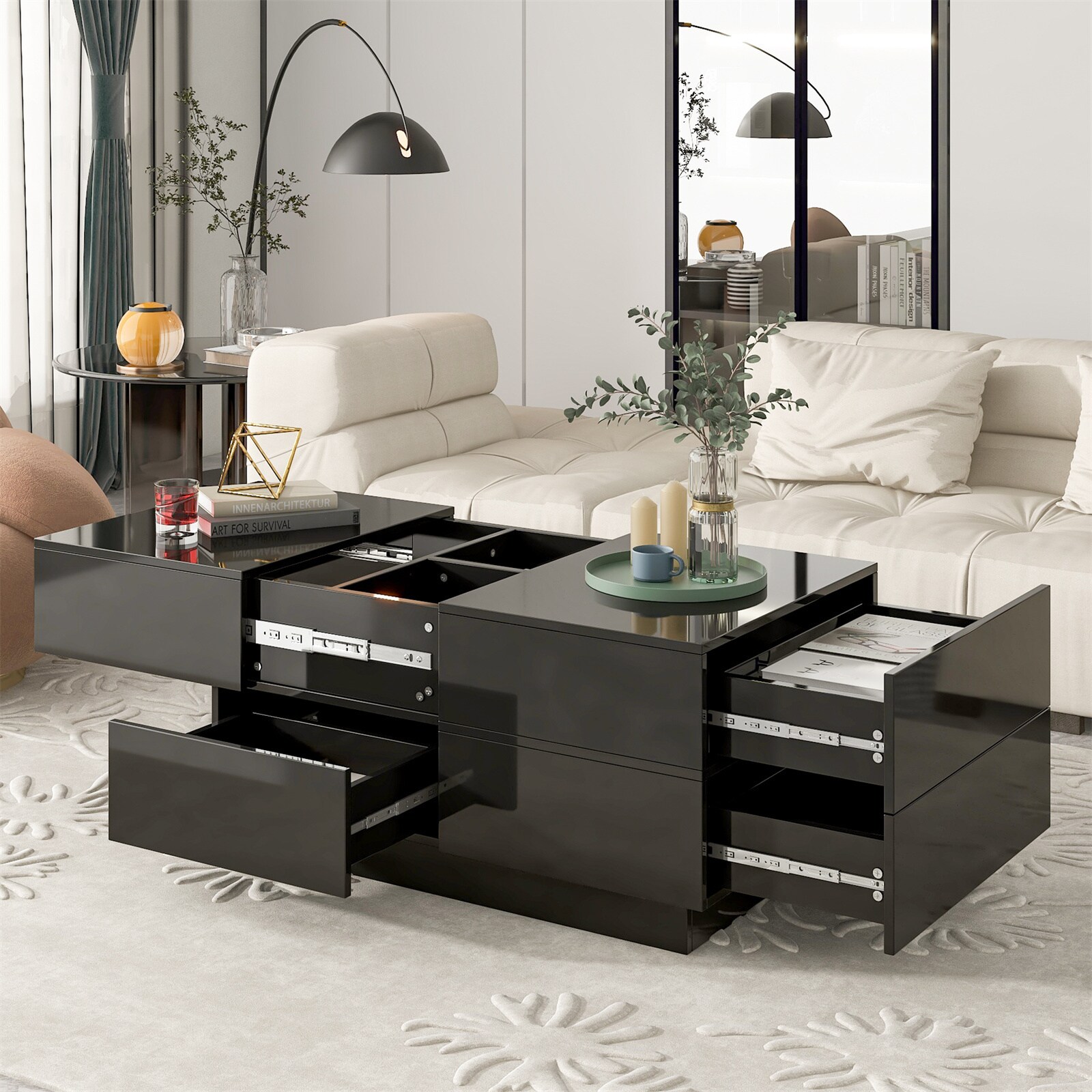 BESTCOSTY WF303LJW590AAB-XLL Extendable Coffee Table with 4 Drawers Rectangle Cocktail Table with Hidden Storage Compartment