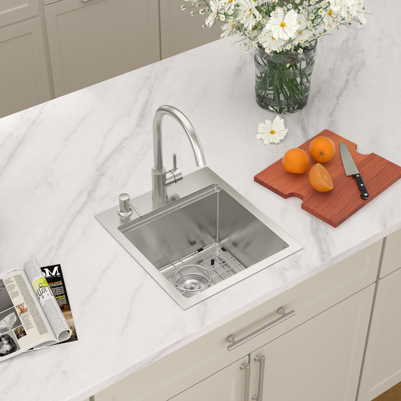 Dcolora 15-in x 17-in Workstation Drop-In Bar Sink 16 Gauge Stainless Steel Single Bowl for Small Kitchen or Bar with Accessories DC-TW258004
