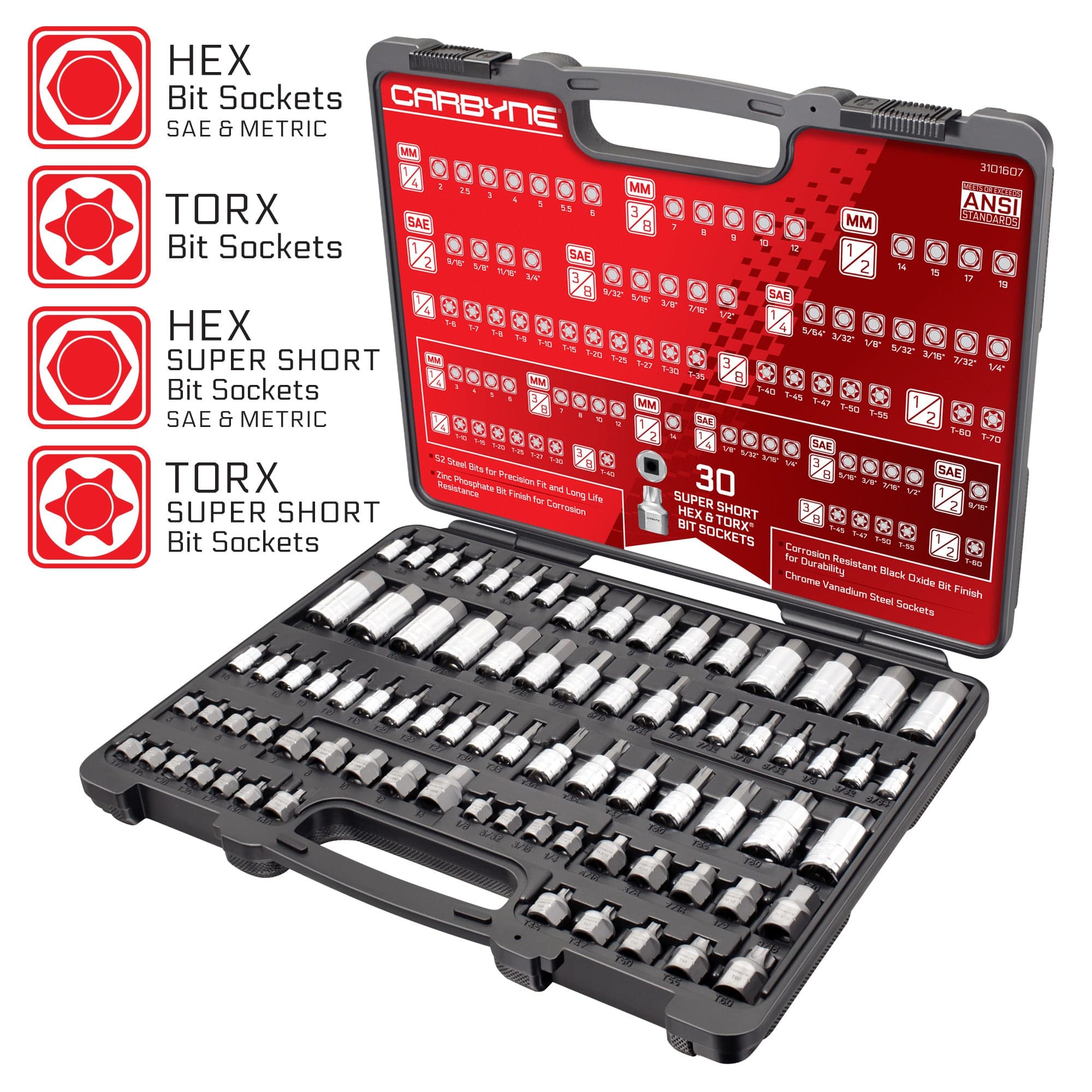 CARBYNE  80 -Piece Master Torx SAE Hex Allen and Metric Hex Allen Bit Socket Set with 30 Super Short S2 Steel 1/4 in and 3/8 in and 1/2 in Drive
