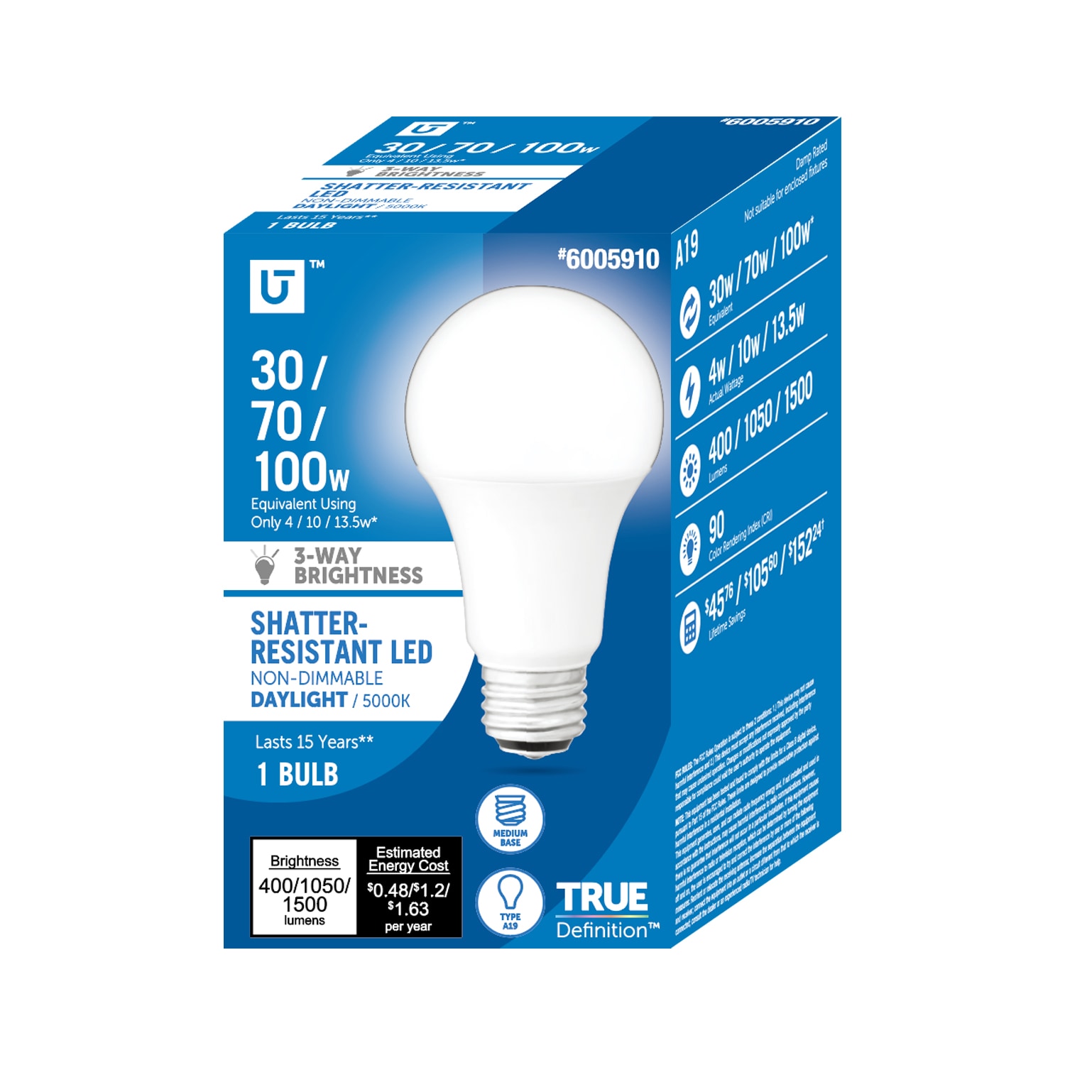 Utilitech YGA03C86-3WAY-950 3-Way 100 -Watt EQ A19 Daylight E26 LED General purpose Light Bulb