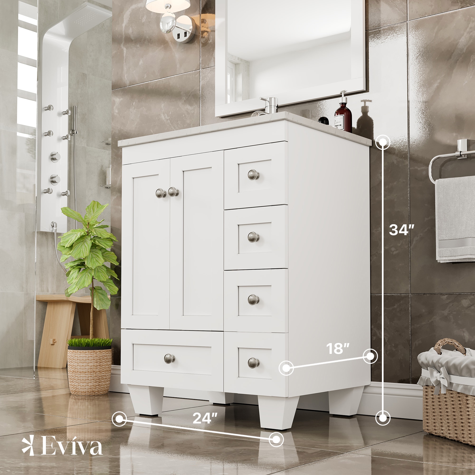 White 24" Bathroom Vanity with Carrara Quartz Top and Sink