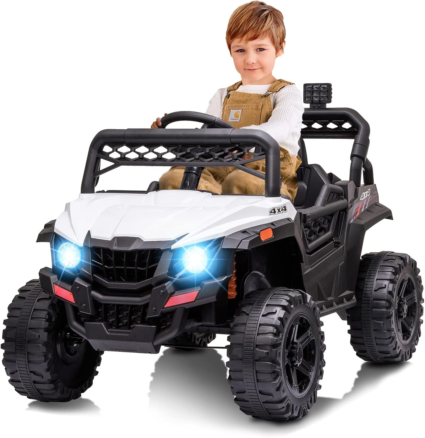 Qeetex TCPTO0WOJ0KR0 12V Kids Ride On Truck Car With Remote Control LED Lights Music And Spring Suspension White Authentic UTV Adventure
