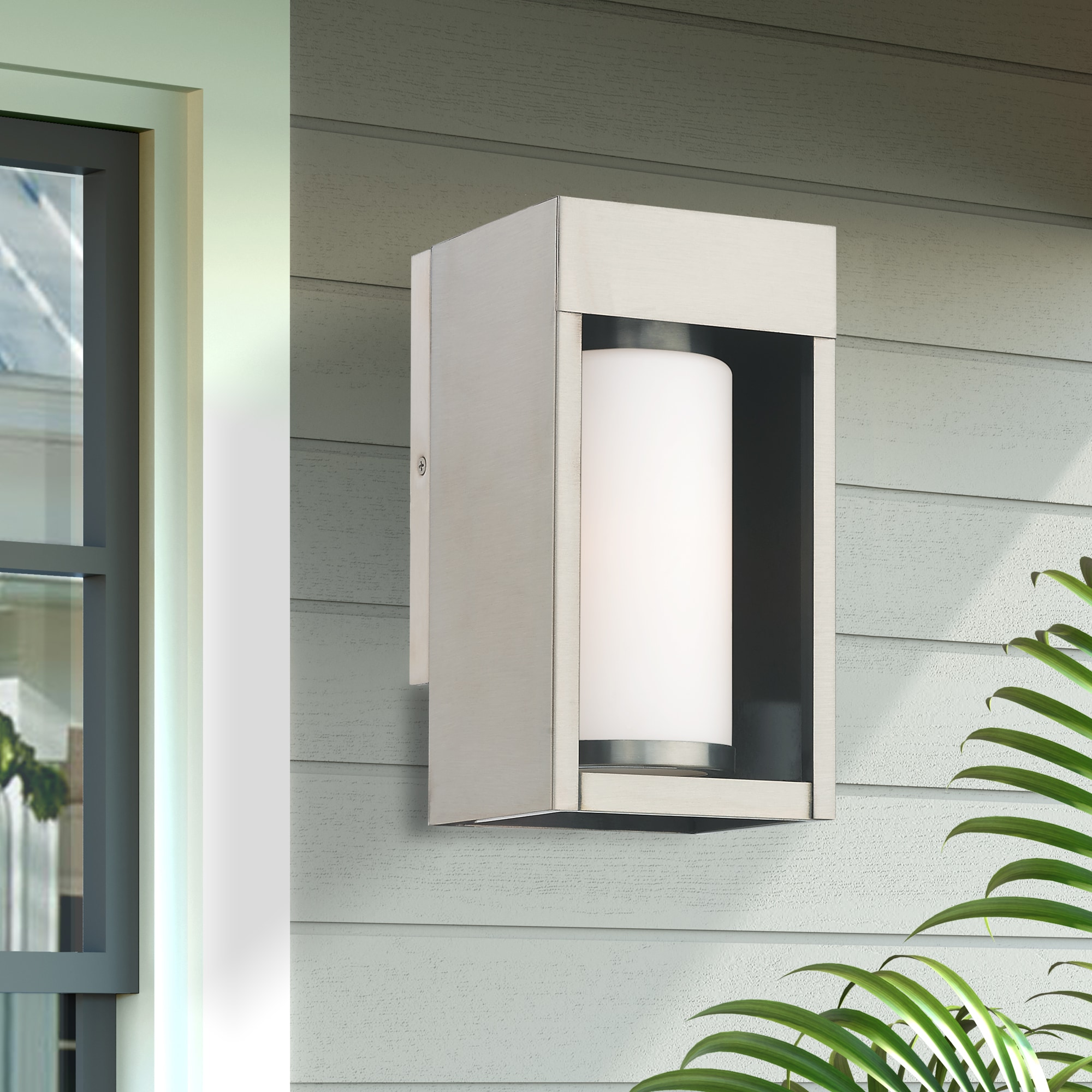 Contemporary Brushed Nickel Outdoor Wall Lantern with Satin Opal White Glass