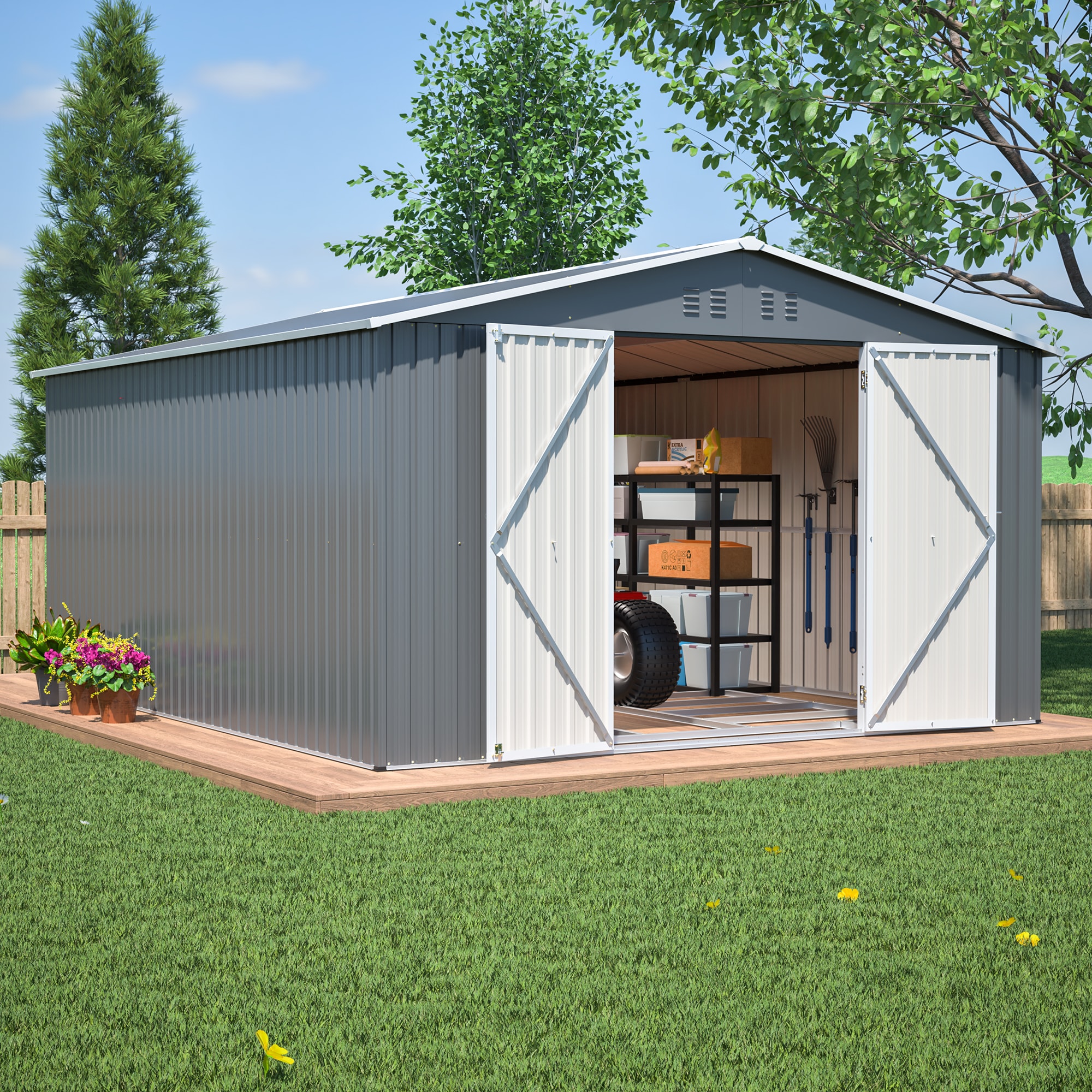 Poinic 11.14-ft x 13.46-ft Galvanized steel Metal Storage Shed in