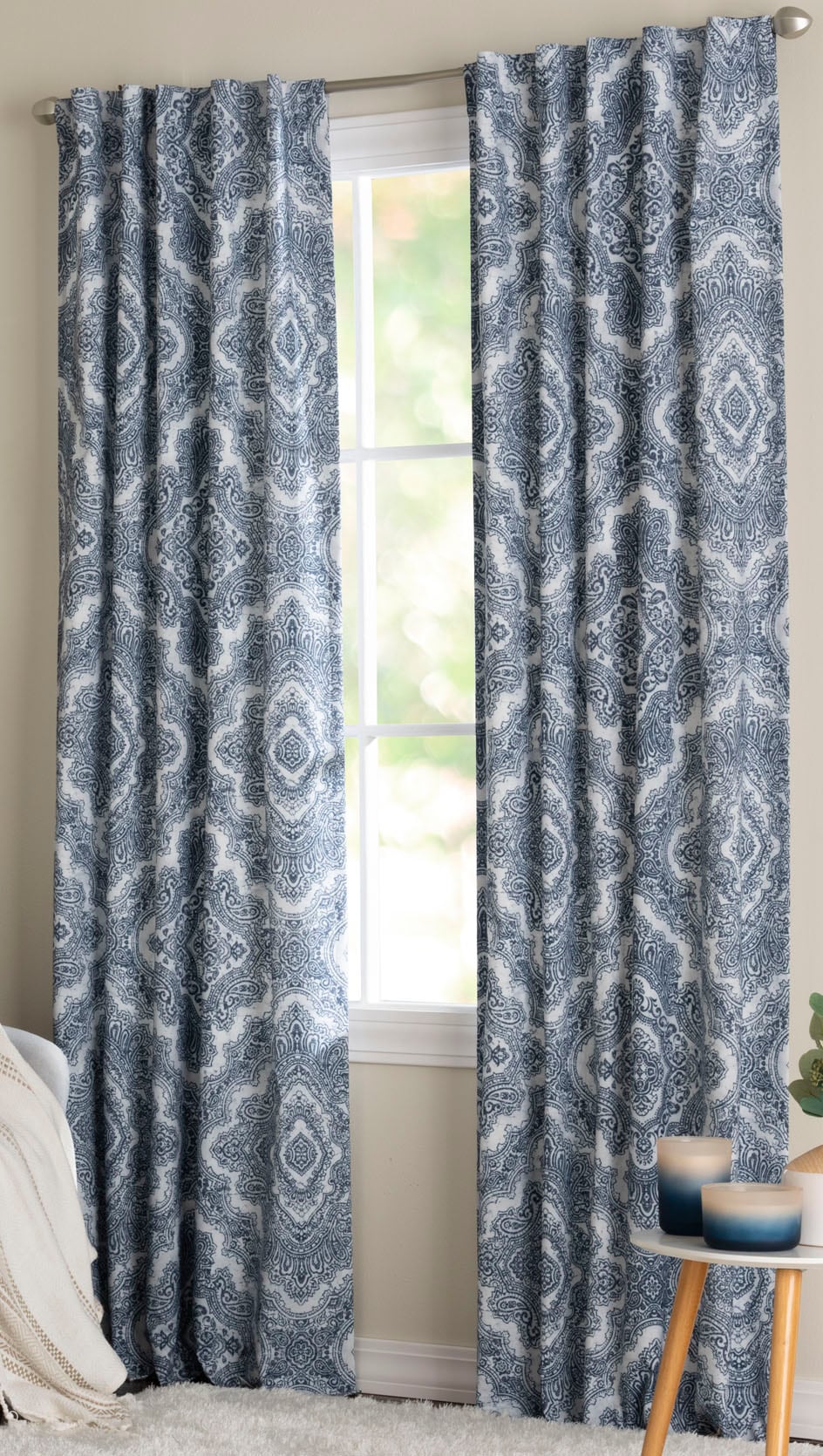 LIVING LOGIC 95-in Blue Blackout Thermal Lined Back Tab Single Curtain ...