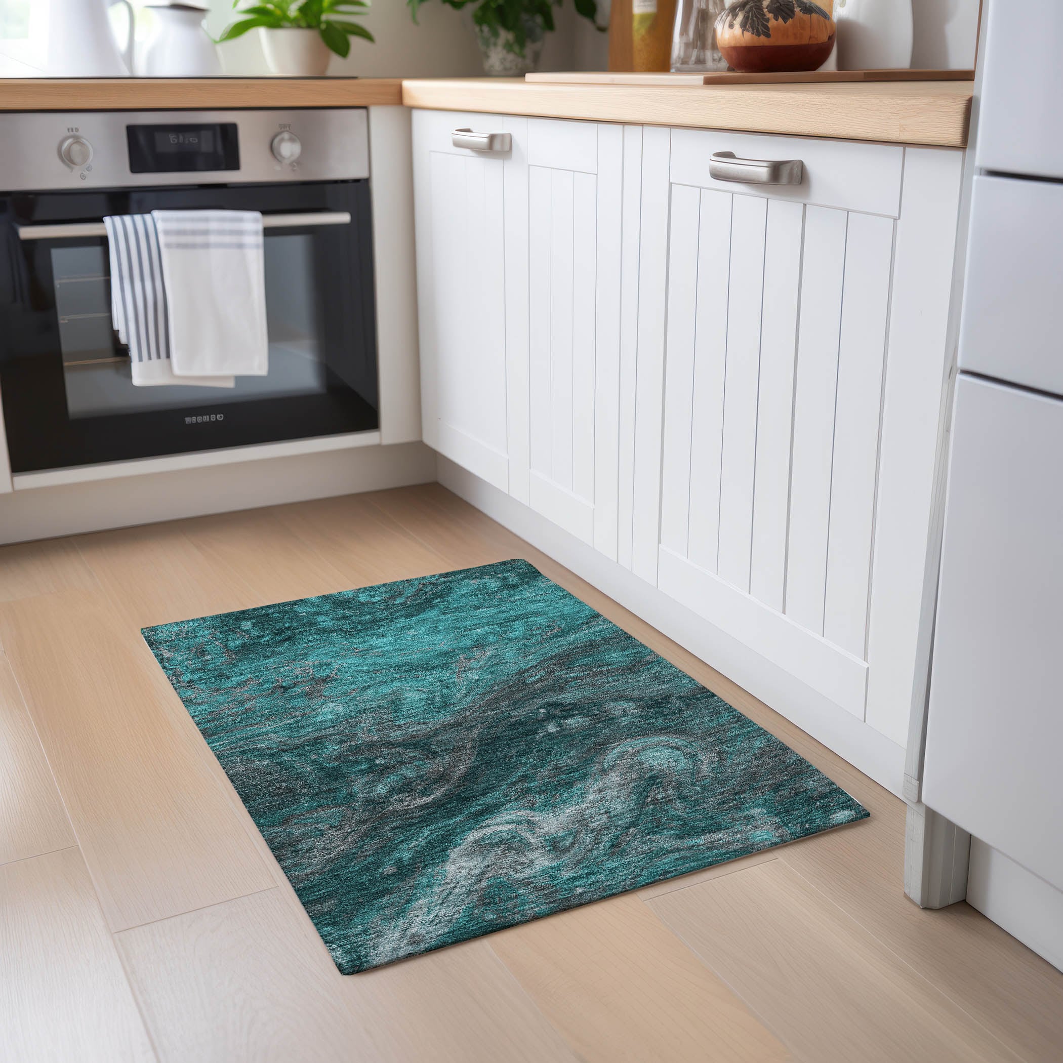 Teal Abstract Flat Woven Synthetic Washable Rug 1'8" x 2'6"