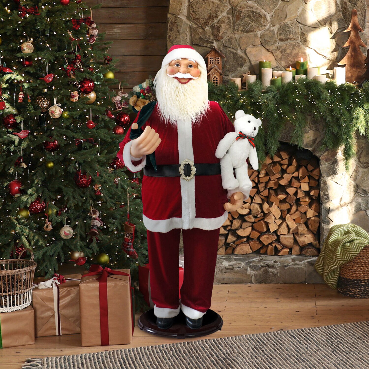 Life-Size Red Velvet Dancing Santa with Teddy Bear