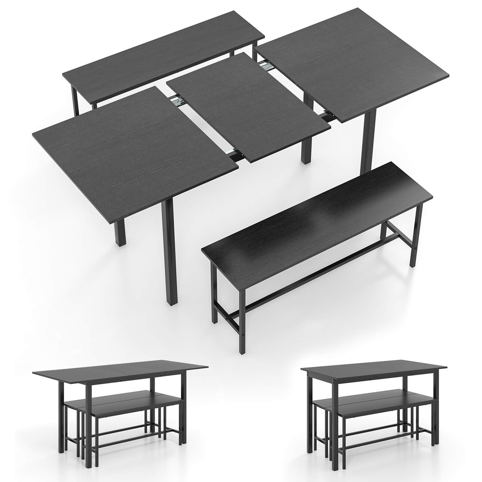 Costway HCST02135 3 -Piece Black Patio Dining Set Extendable Table Wood Rectangle Table with 2 Stationary Chairs