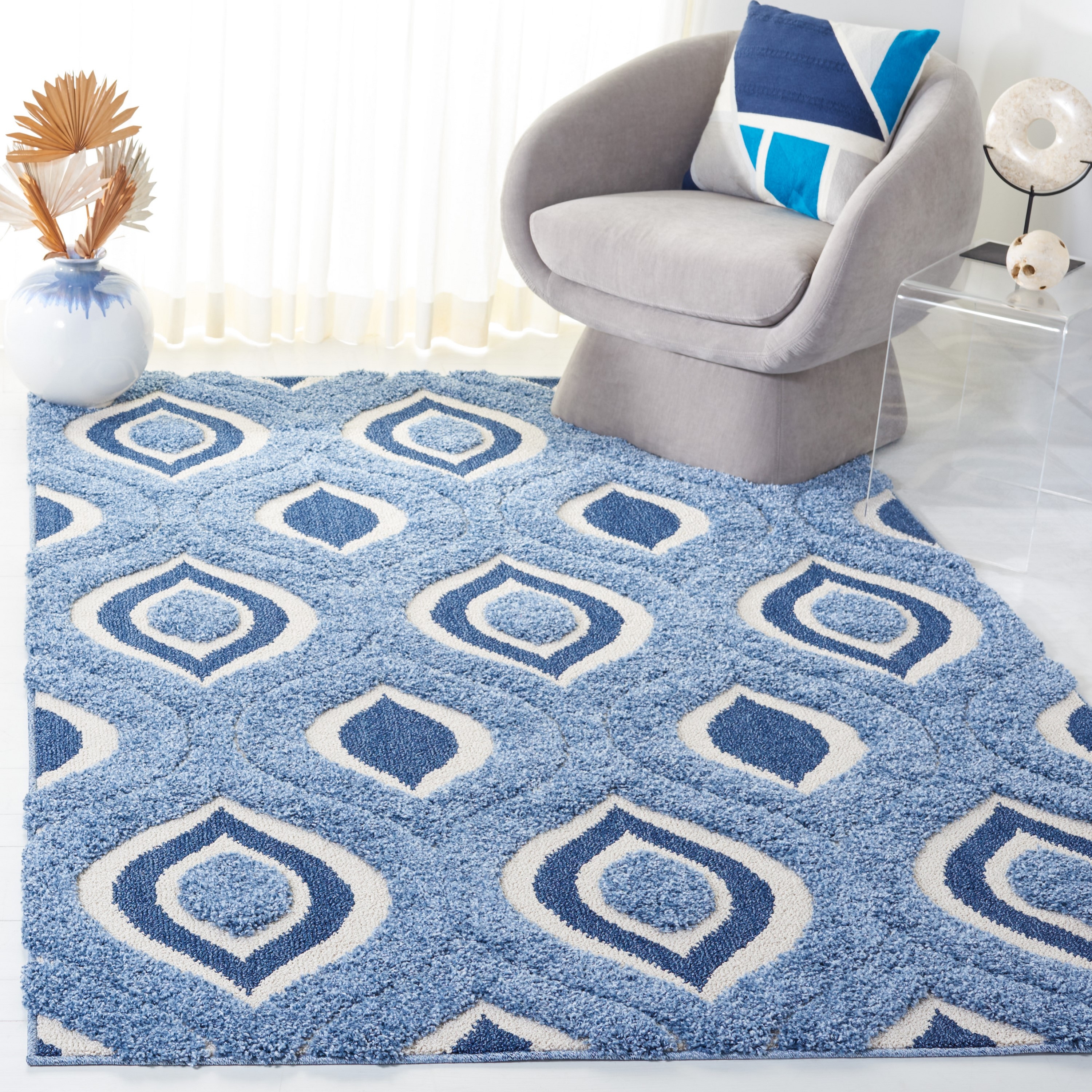 Safavieh SG461-6012-3 Florida Arcell Shag 3 x 5 (ft) Loomed Polypropylene Blue/Ivory Rectangular Indoor Geometric Vintage Throw rug