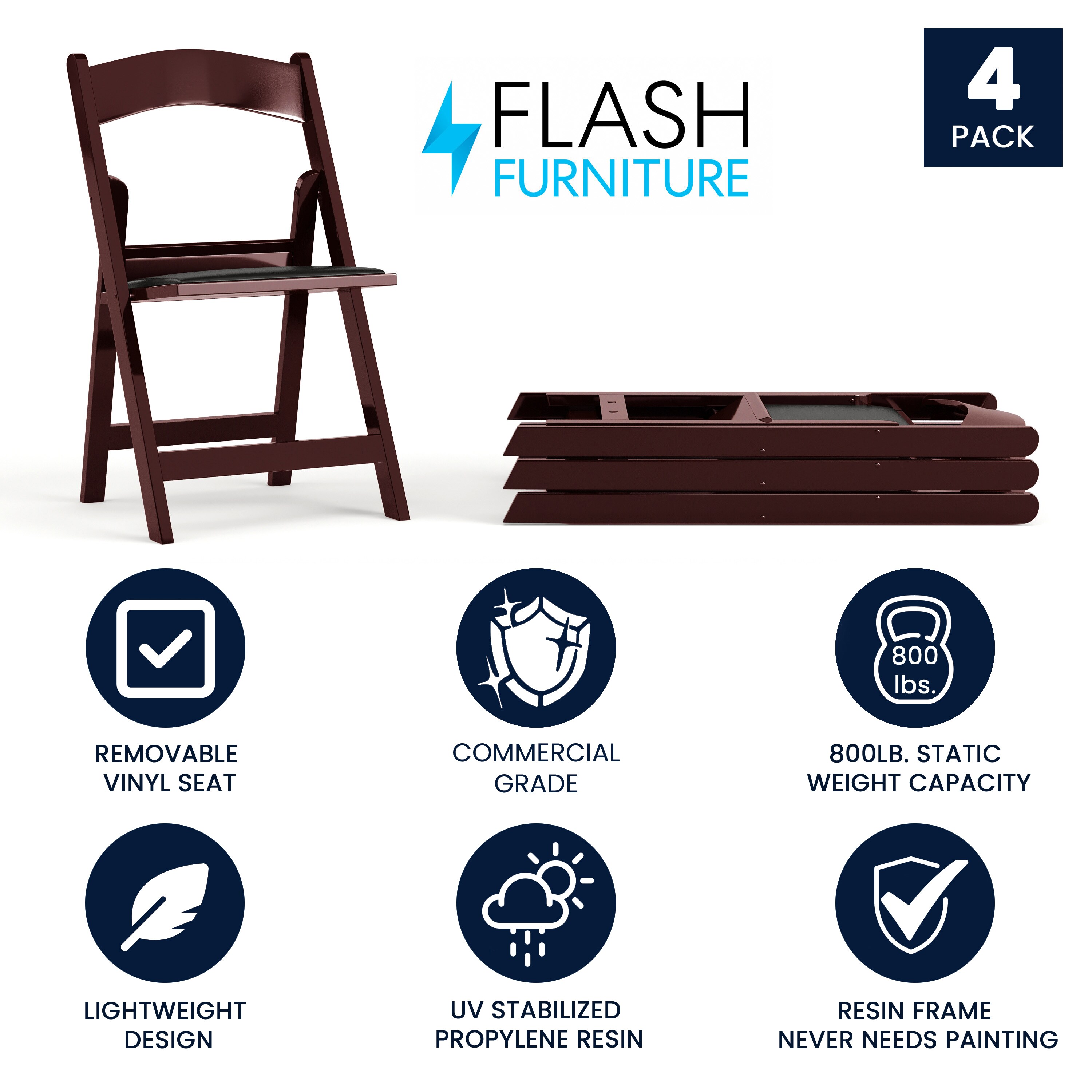 Red Mahogany Resin Folding Chair with Black Vinyl Seat - 4 Pack