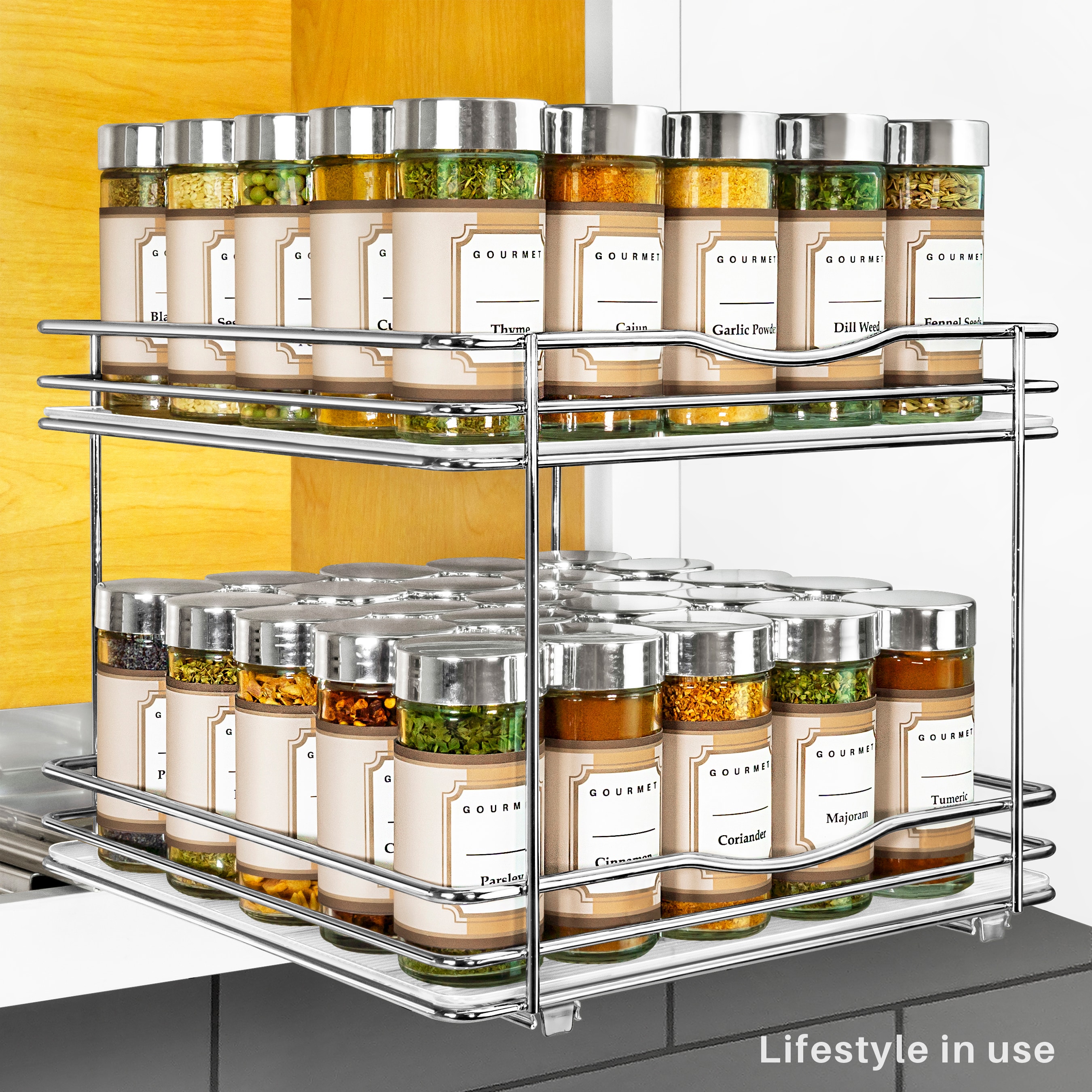Lynk Professional 430822DS 10.3-Inches W x 8.5-Inches H x 10.3-Inches D 2 -Tier Cabinet-mount Silver/Chrome Metal Pull-out Spice rack