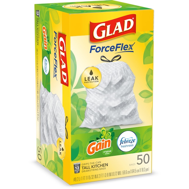 Glad ForceFlex 13-Gallons Gray Plastic Kitchen Drawstring Trash Bag  (100-Count) in the Trash Bags department at