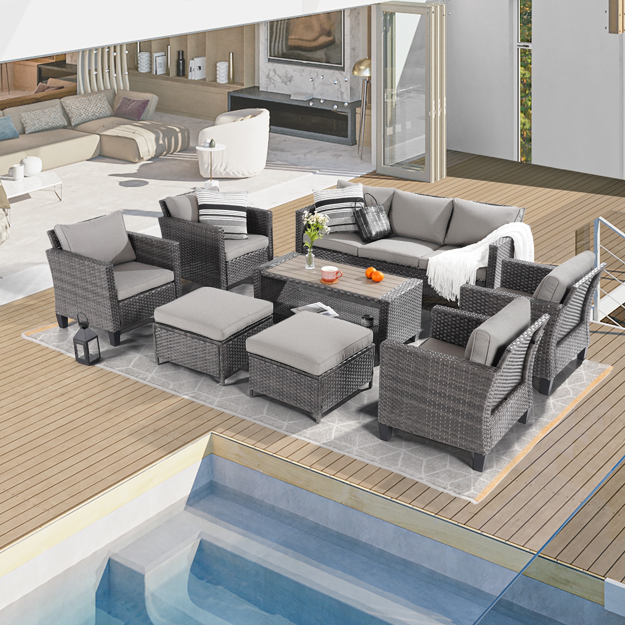 ACEGOSES LW-ST21-115HLY Skytop 8 -Piece Wicker Patio Sofa Conversation Set with Gray Cushions