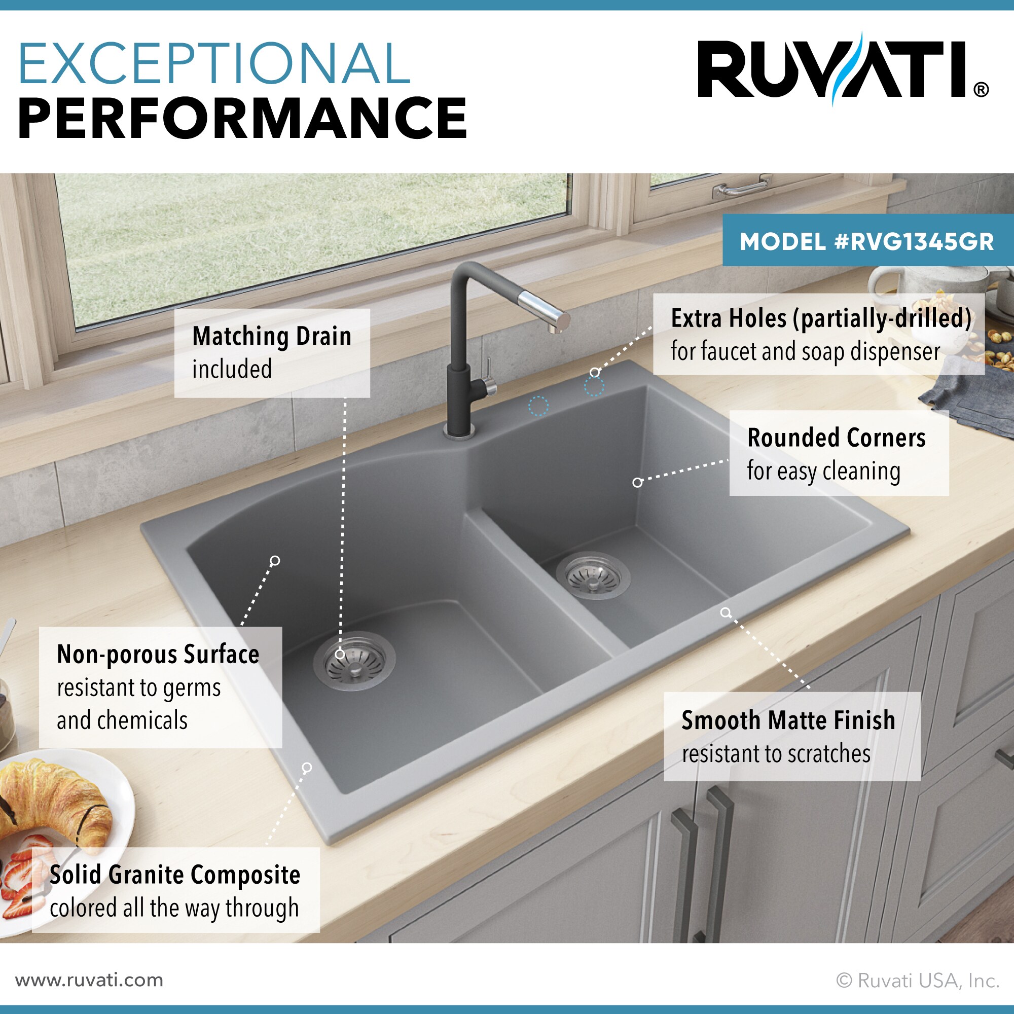 Silver Gray Stone Double Bowl Drop-in Kitchen Sink