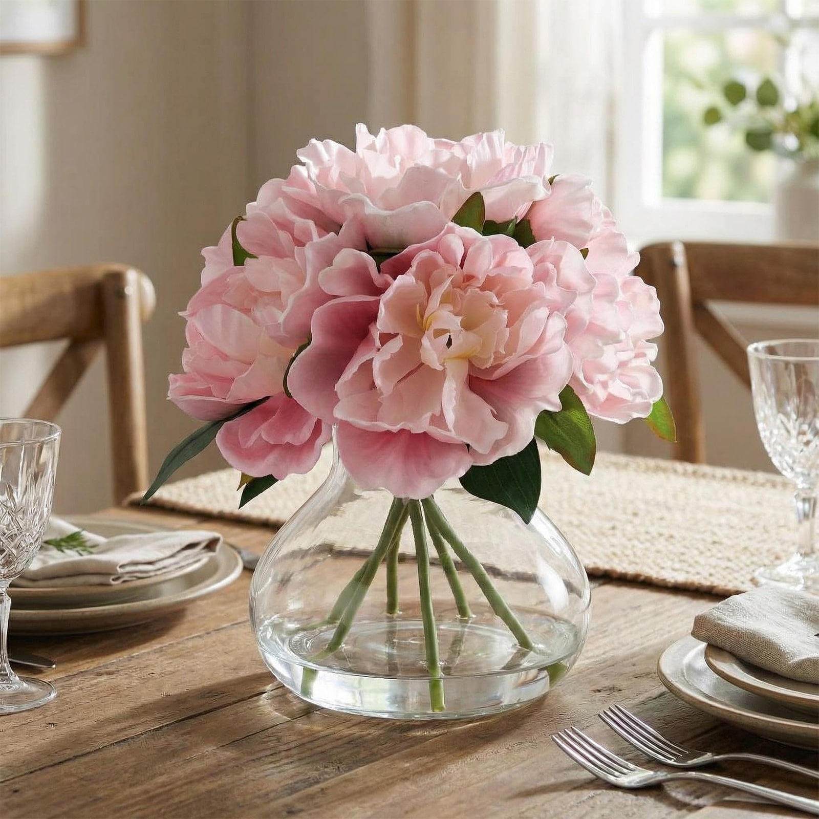 Garvee Artificial Peonies with Glass Vase Faux Peony Silk Flower