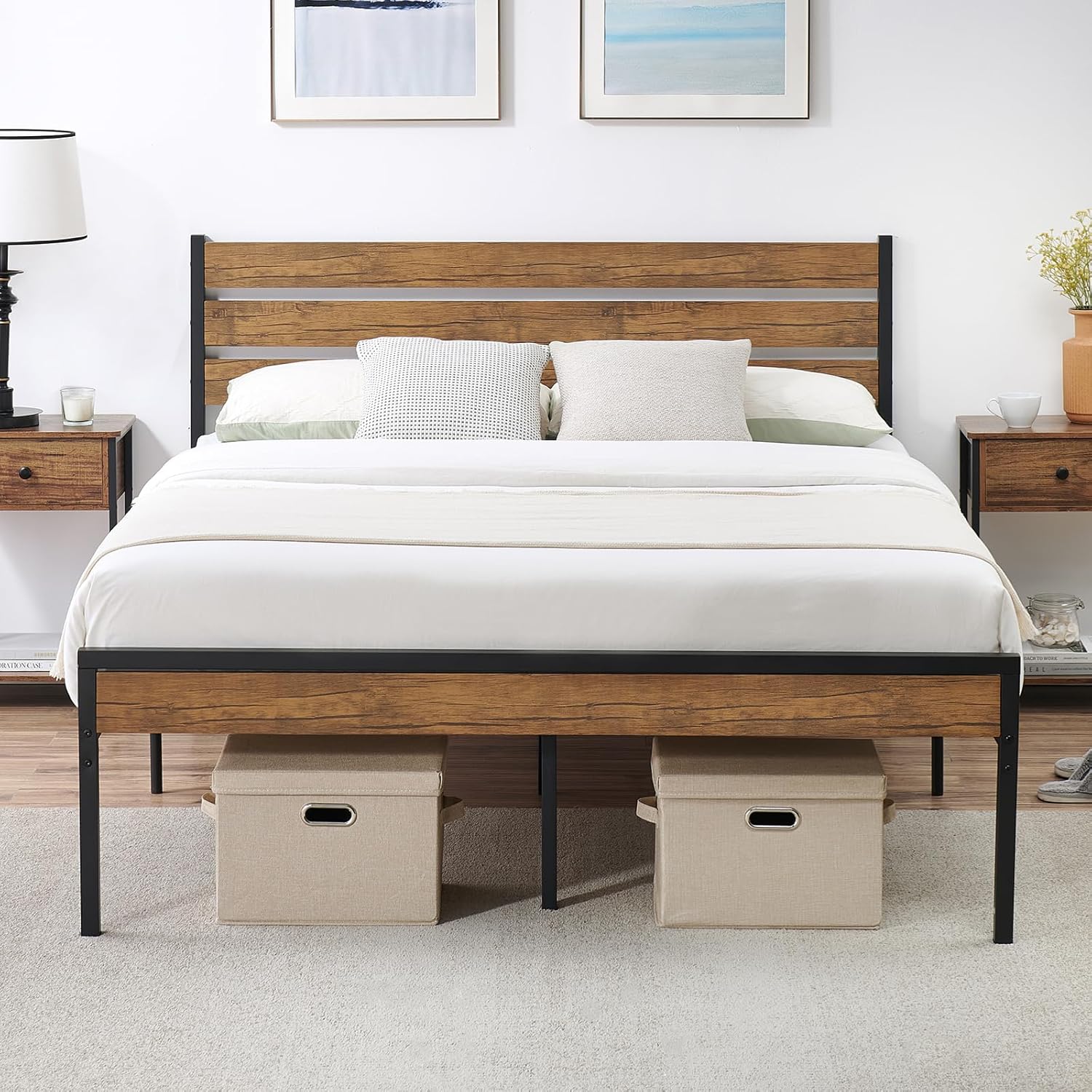 Der Rose PHO-0QLVUK86 18 Inch Queen Size Bed Frame with Wood Headboard Strong Wood Slat Support Under Bed Storage NoiseFree No Box Spring Needed Industrial Metal Frame