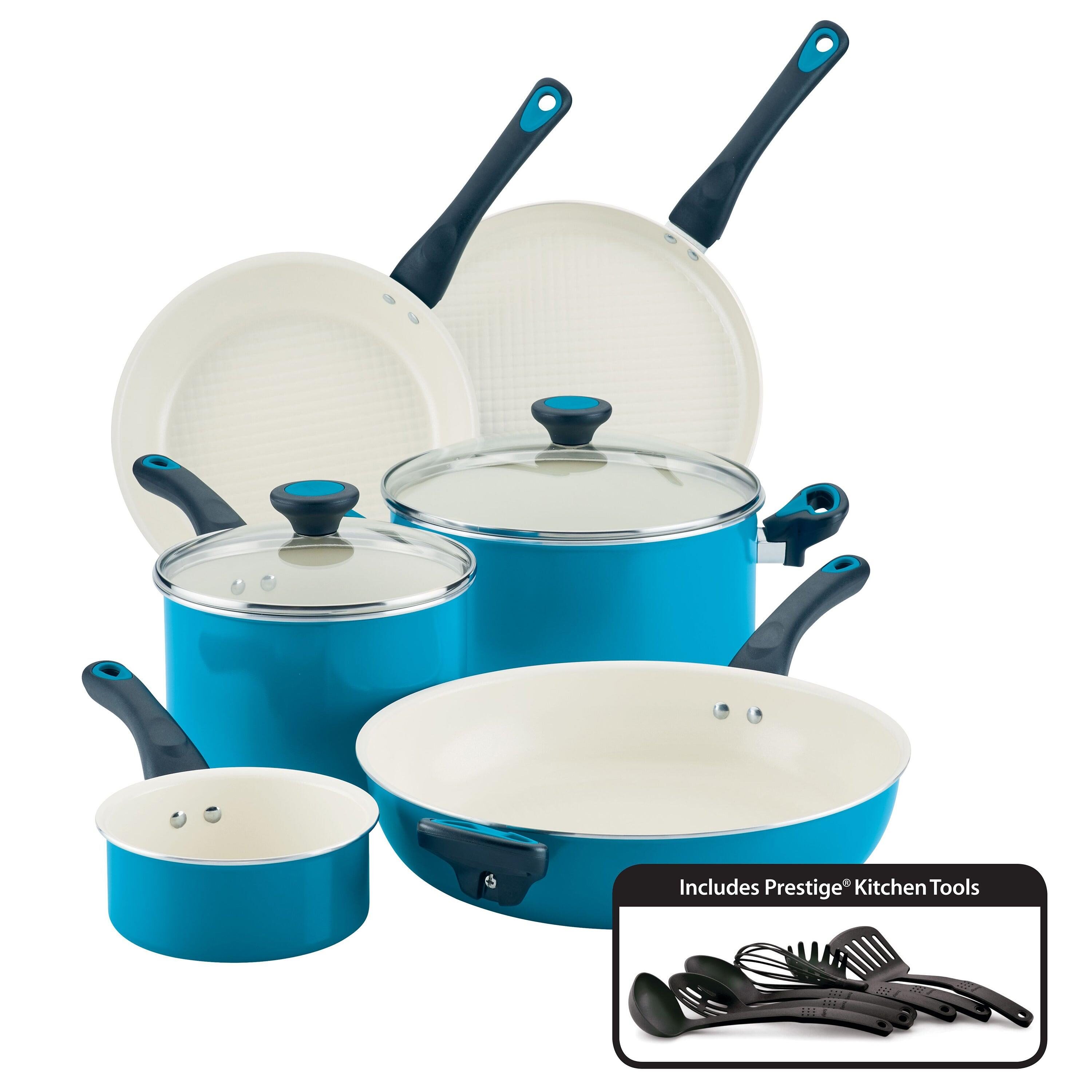  T-fal Initiatives Ceramic Nonstick Cookware Set 14 Piece Oven  Safe 350F Pots and Pans Blue: Home & Kitchen