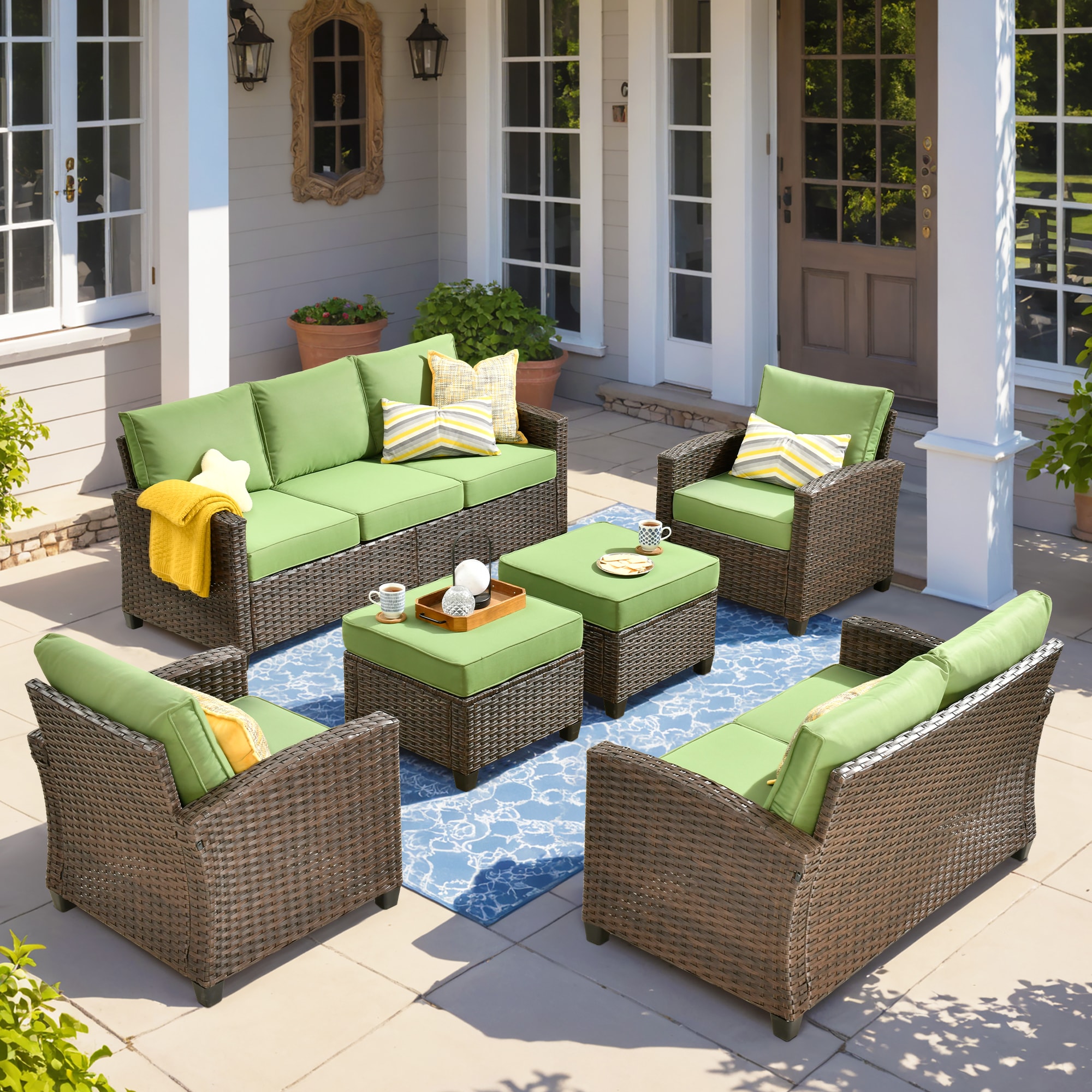 Caodoc L5-PRS902-1 PRS Rattan Outdoor Sectional with Green Cushions and Wicker Frame
