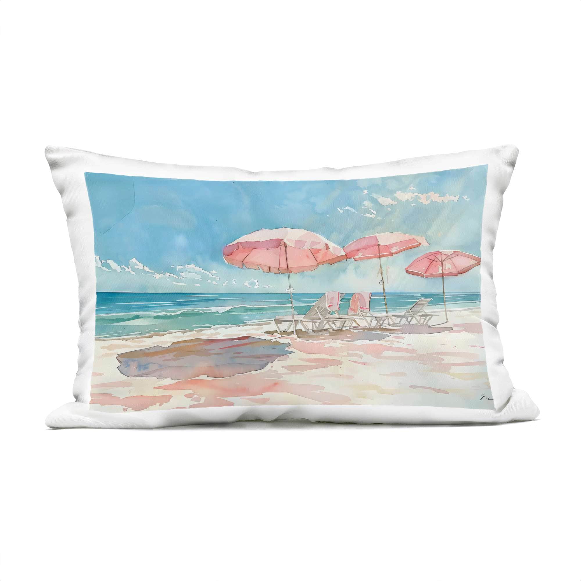 Stupell Industries PLQ-769-ORC-14X20 Pastel Pink Watercolor Beach Outdoor Printed Pillow design by LSR Design Studio 14 x 20