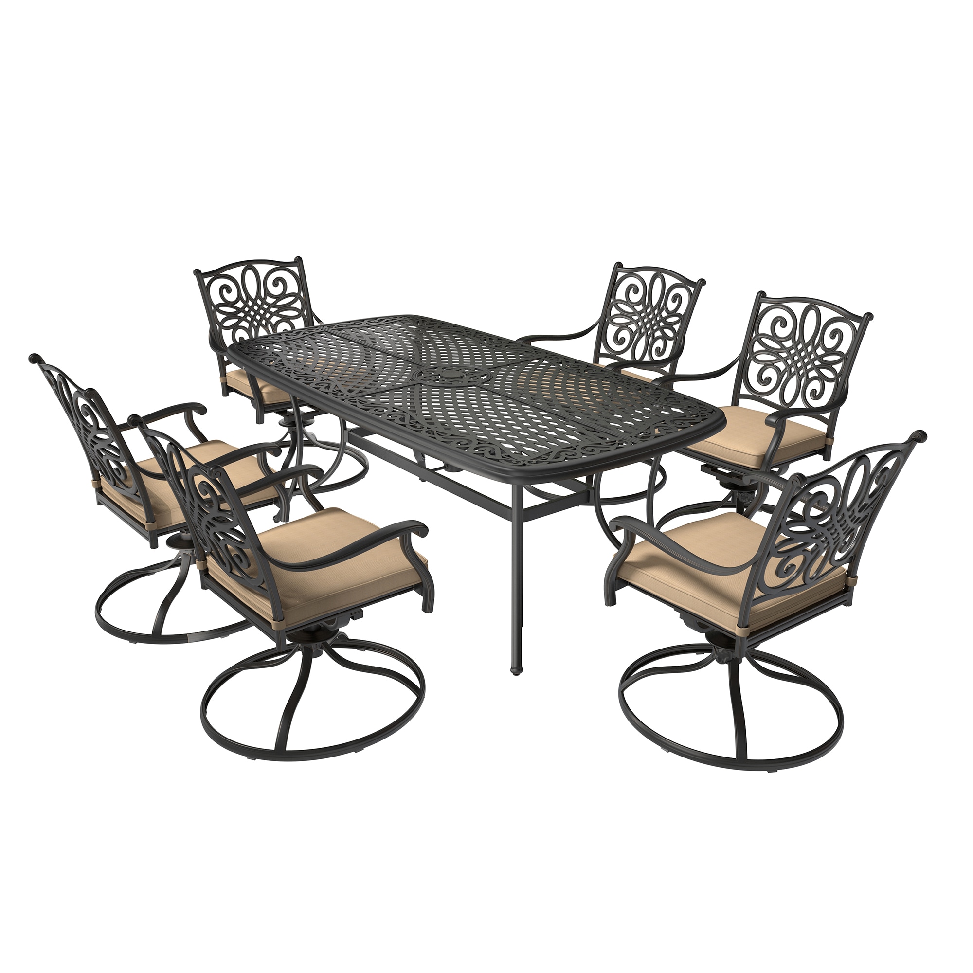 Clihome CL-ODTC80CR 7-piece Cast Aluminum Dining Table Set With Rectangular Rounded Corner Table 7 -Piece Black Patio Dining Set Aluminum Rectangle Table with 6 Beige Cushions Swivel Chairs