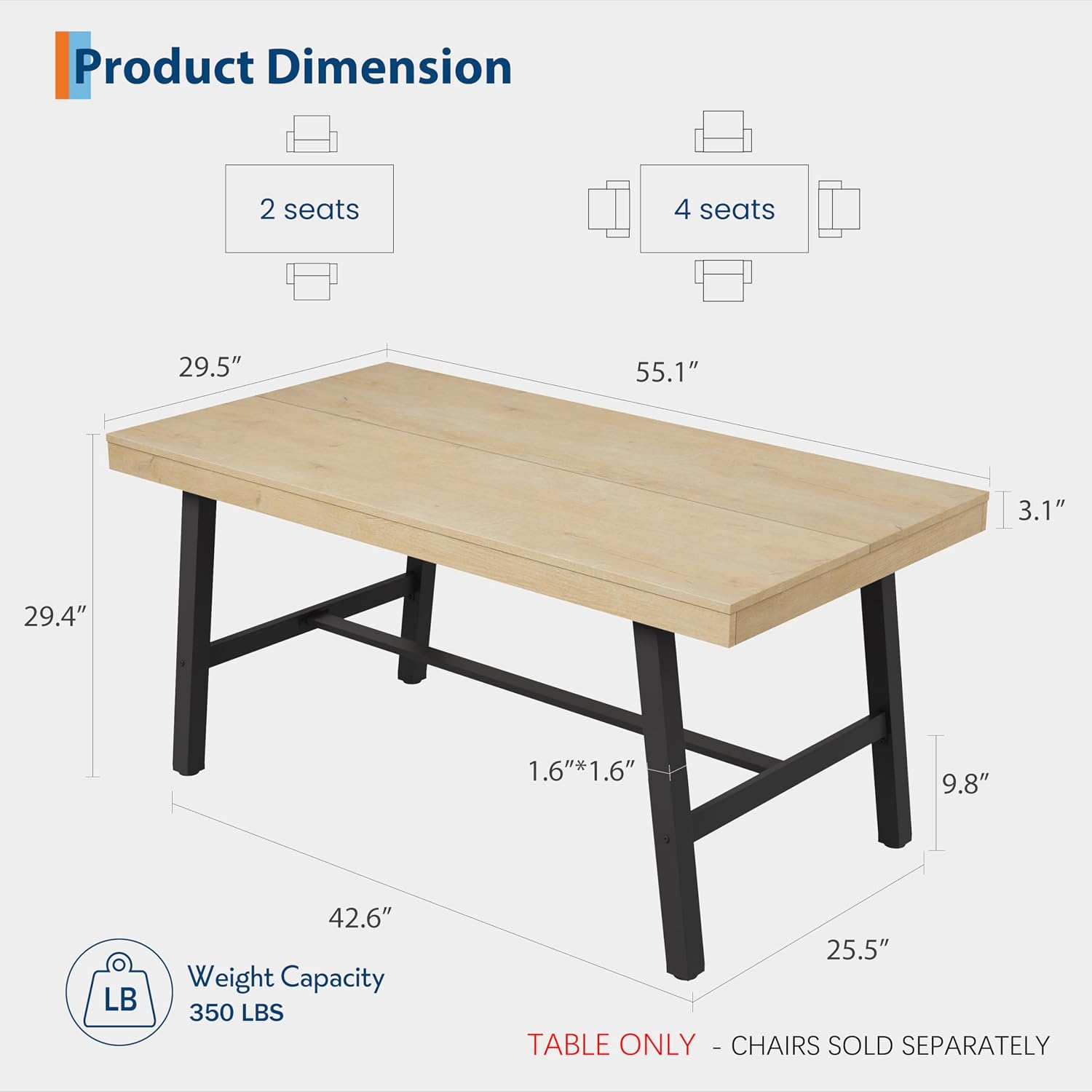 GAOMON Industrial Dining Table for 2-4 55in Heavy Duty Rectangular ...