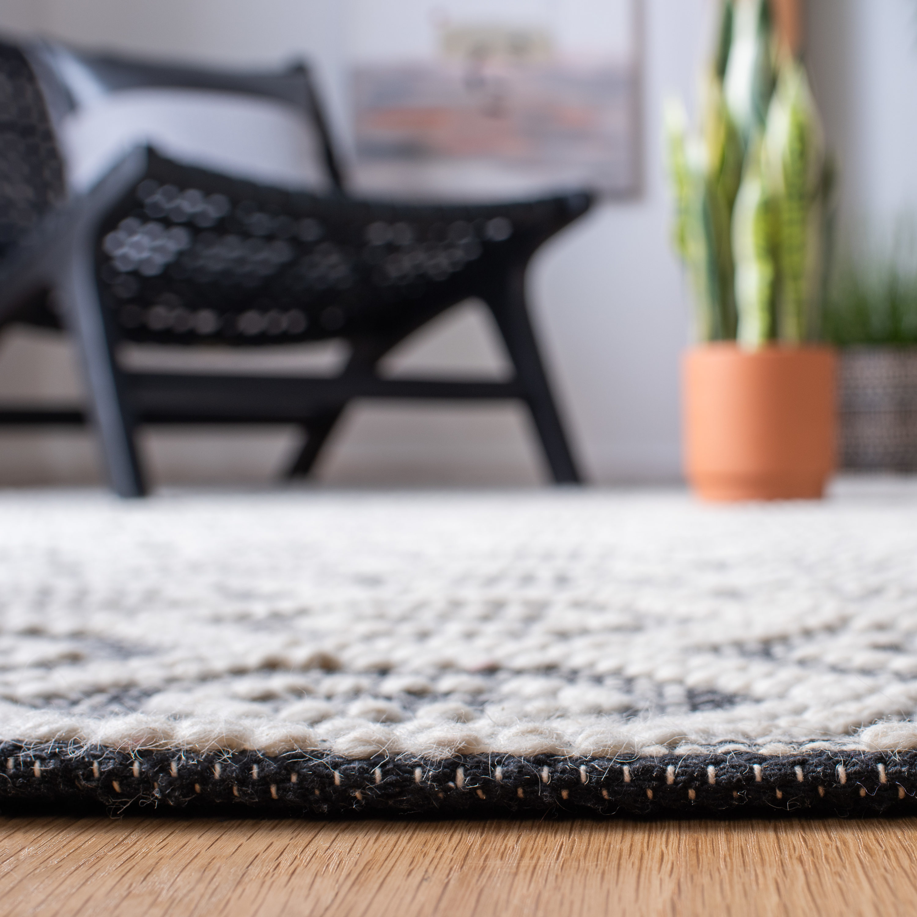 Ivory and Black Hand Woven Wool Square Area Rug 6' x 6'